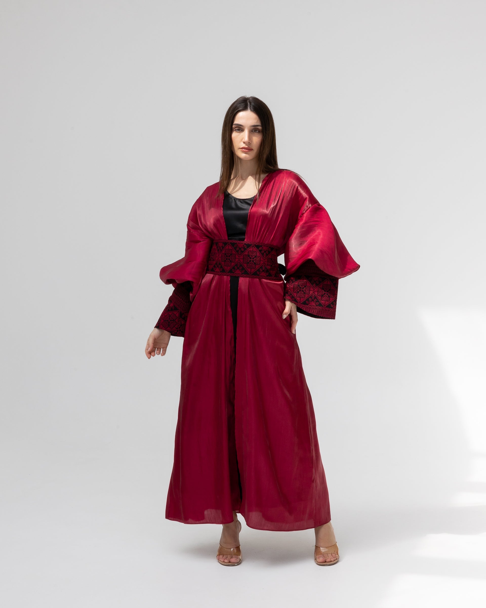 Satin Ruby Abaya with Embroidery Details
