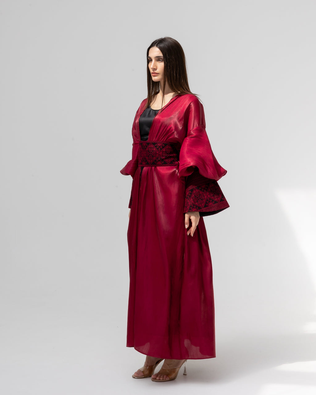 Satin Ruby Abaya with Embroidery Details