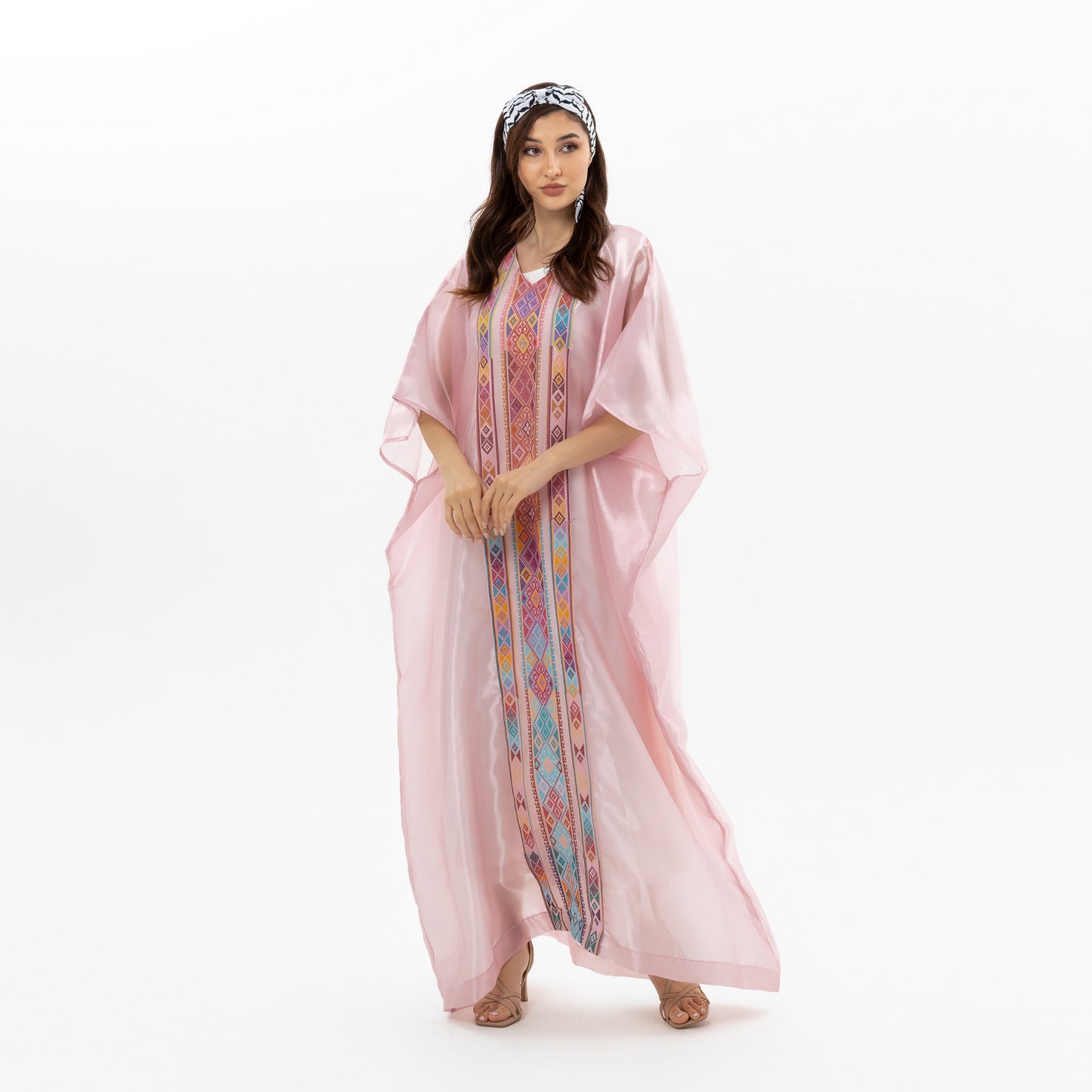 Glossy Pink Kaftan with Tatreez