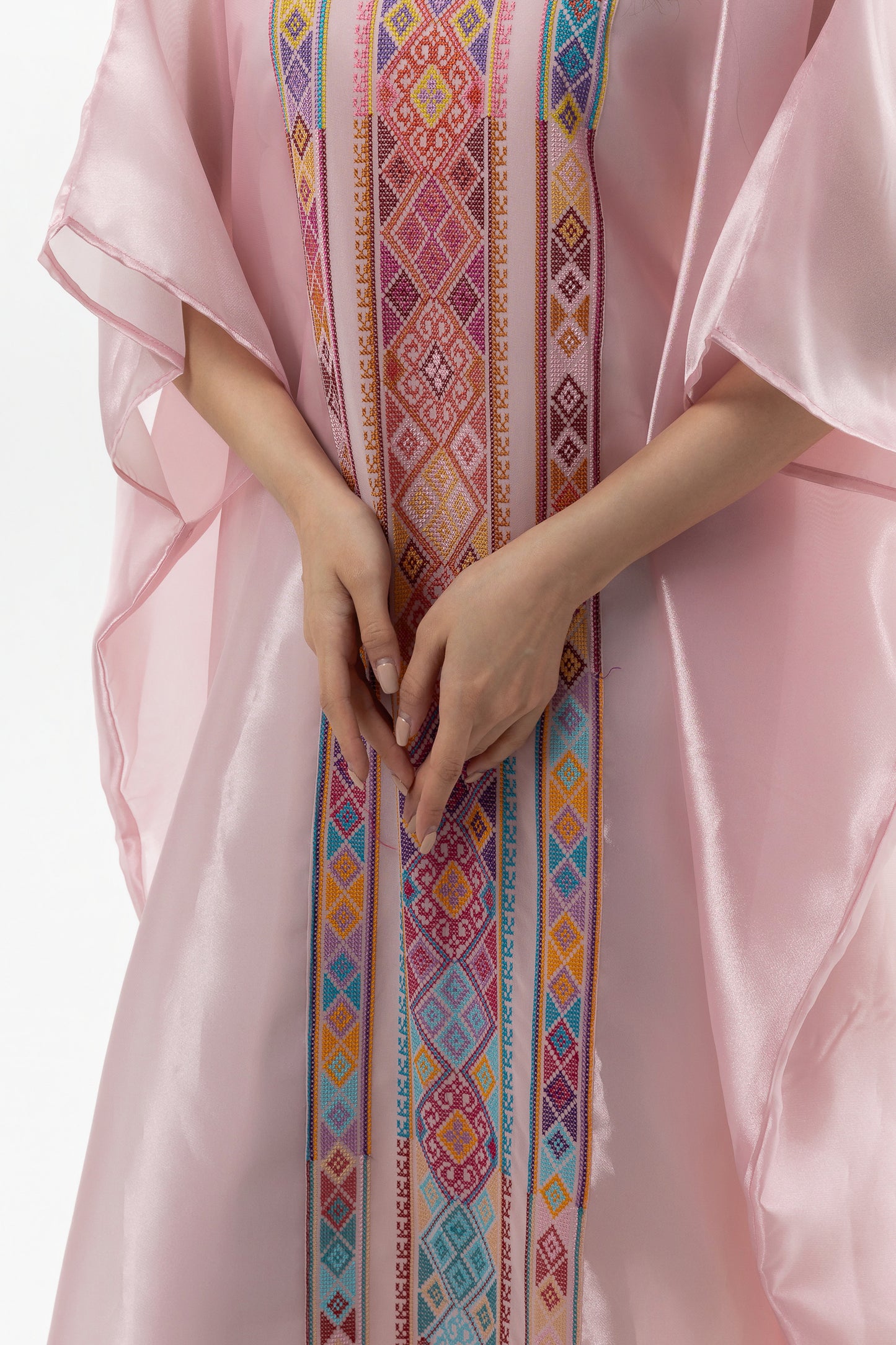 Glossy Pink Kaftan with Tatreez