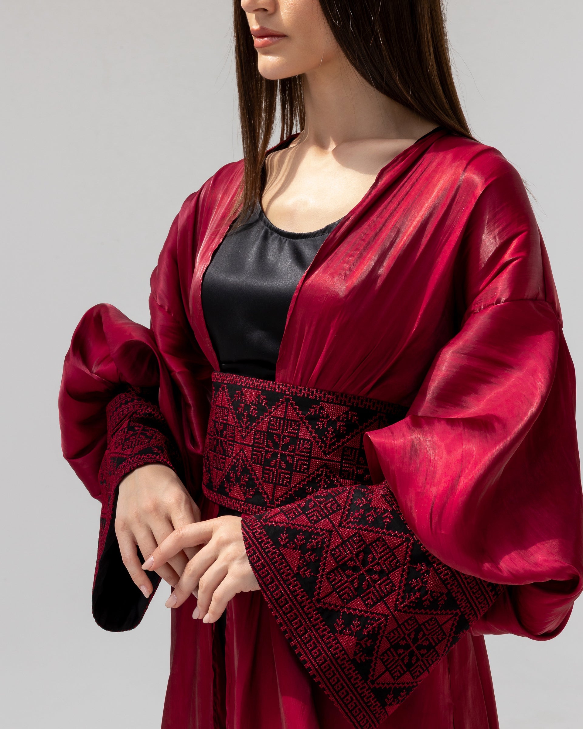 Satin Ruby Abaya with Embroidery Details