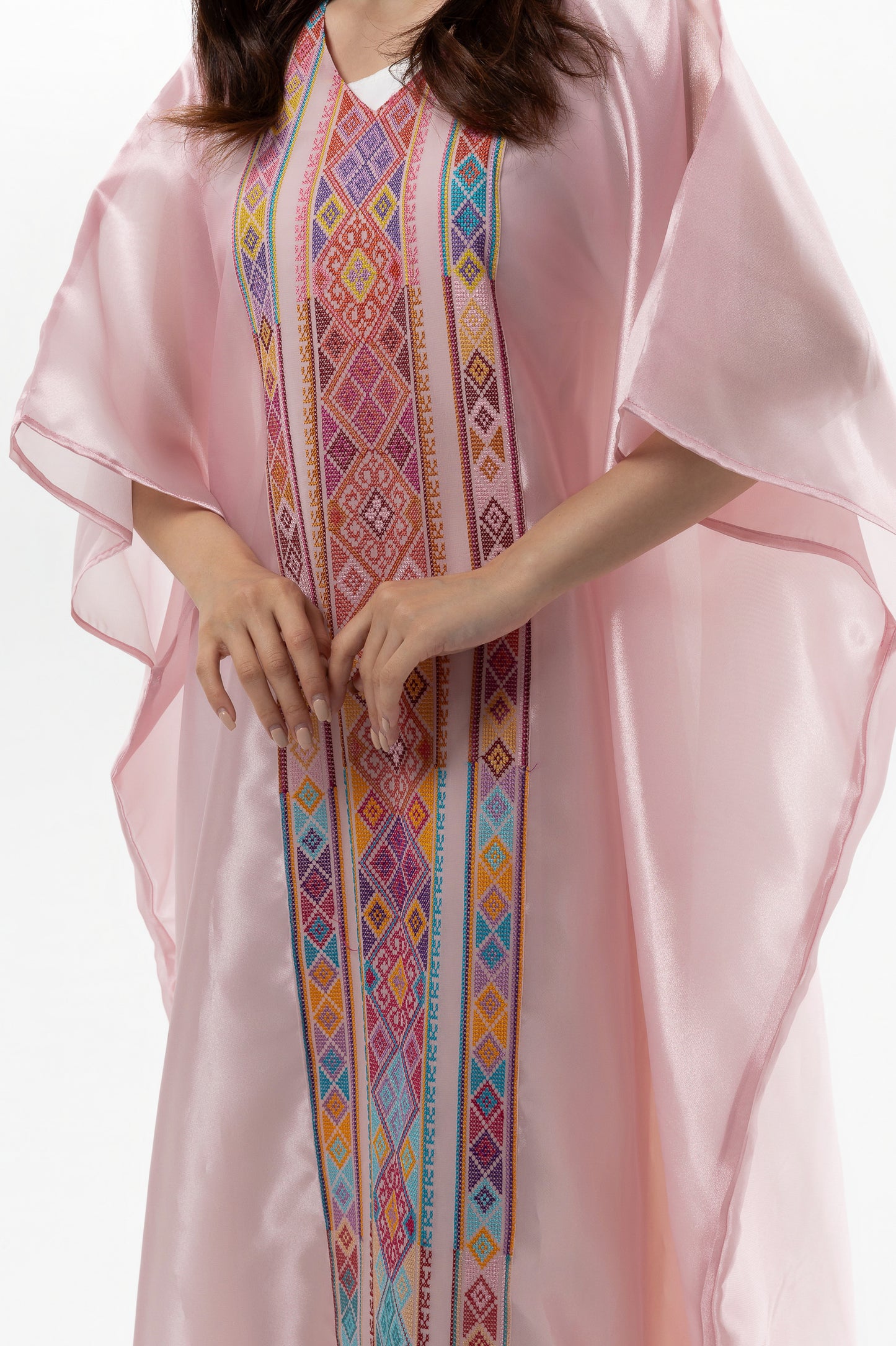 Glossy Pink Kaftan with Tatreez