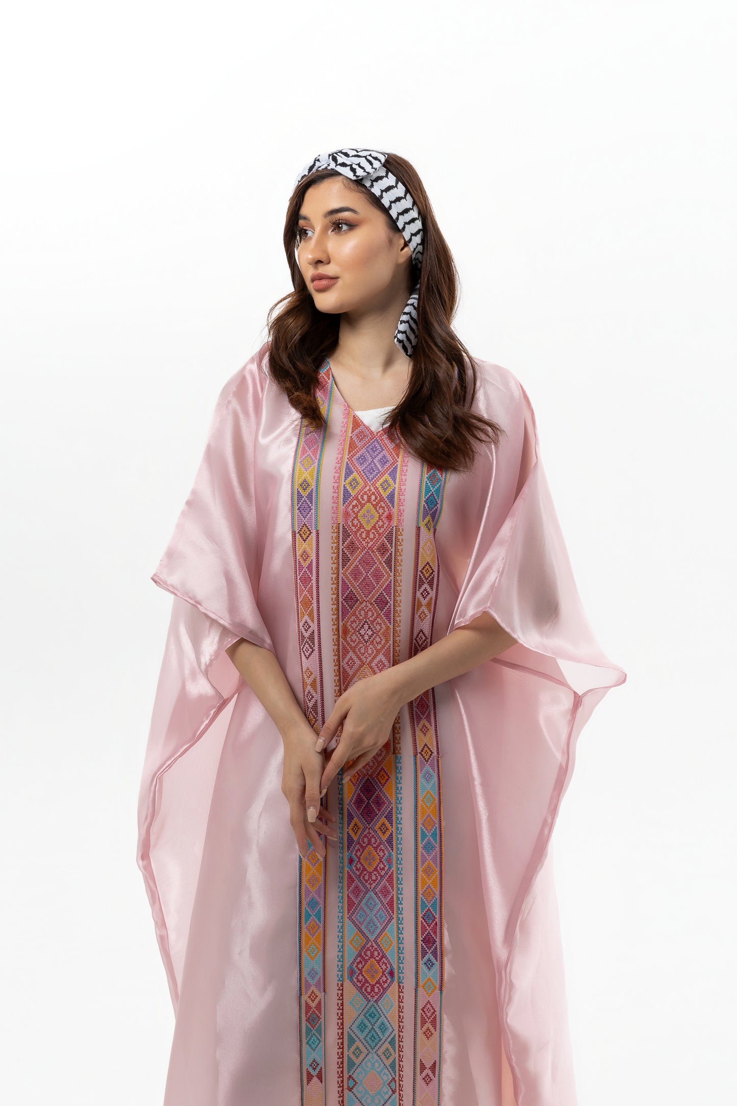 Glossy Pink Kaftan with Tatreez