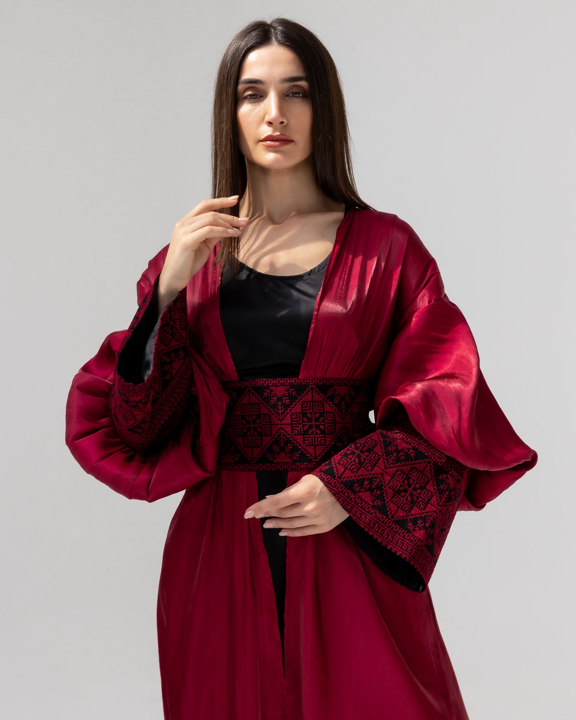Satin Ruby Abaya with Embroidery Details