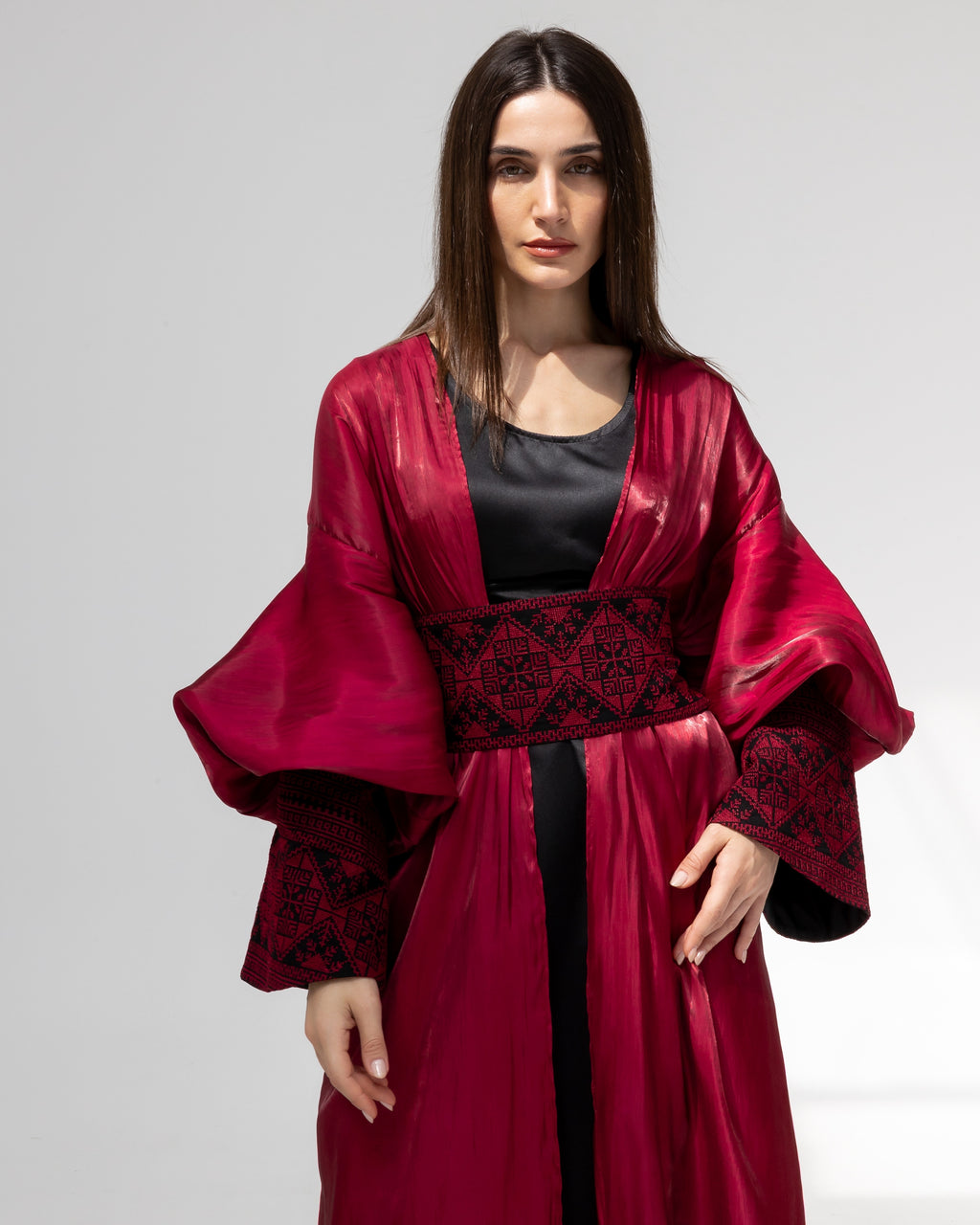 Satin Ruby Abaya with Embroidery Details