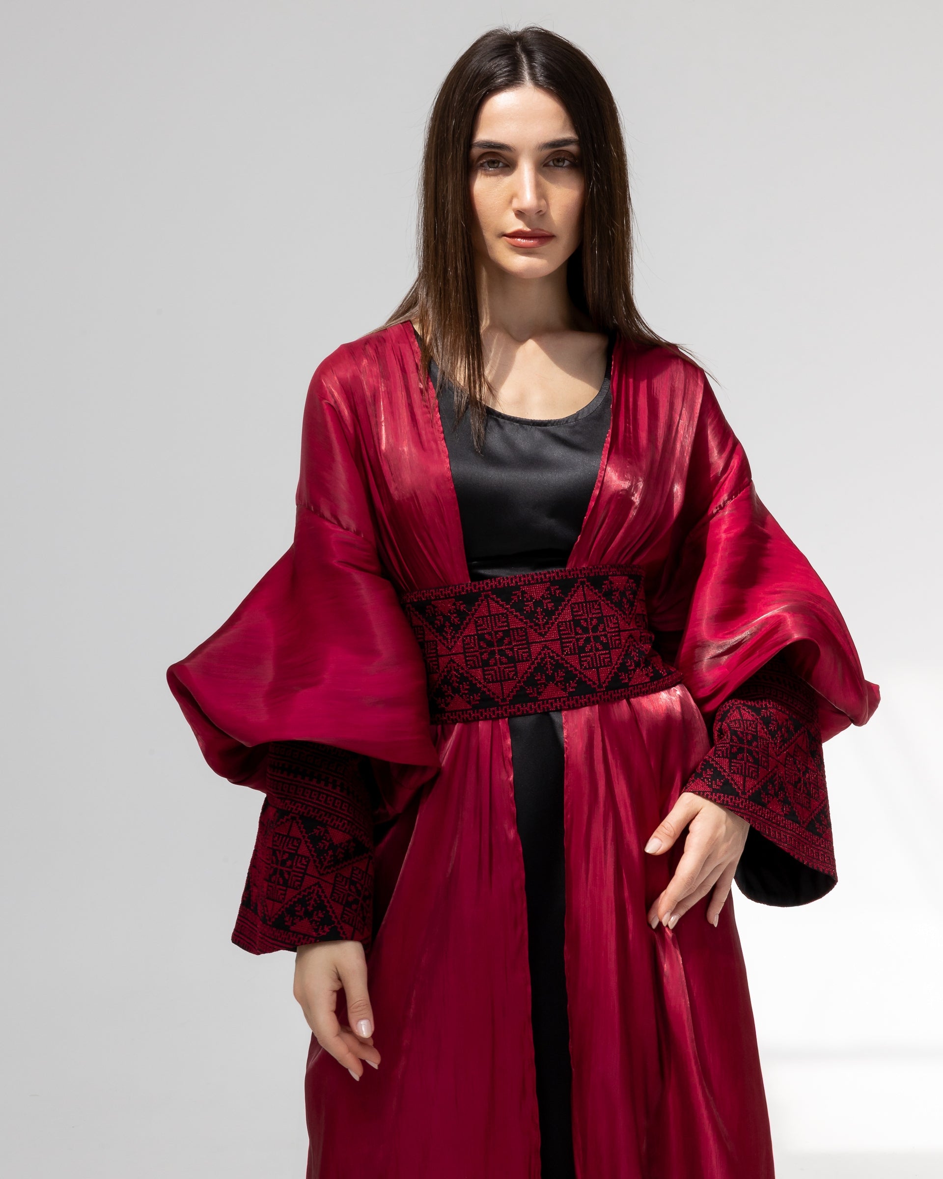 Satin Ruby Abaya with Embroidery Details