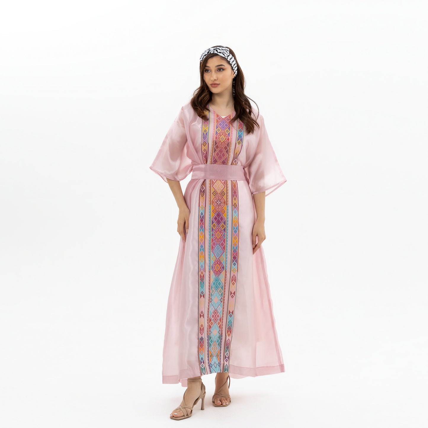 Glossy Pink Kaftan with Tatreez