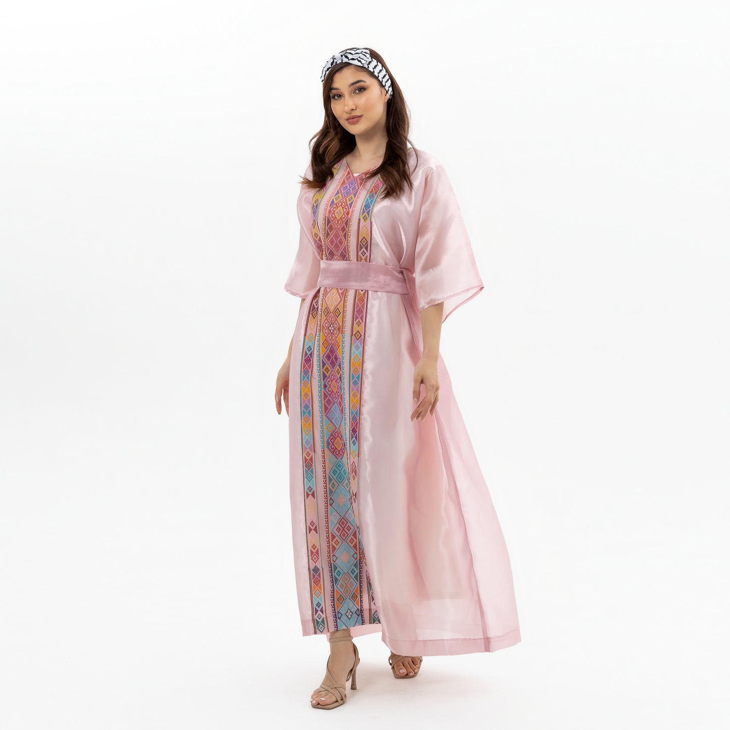 Glossy Pink Kaftan with Tatreez