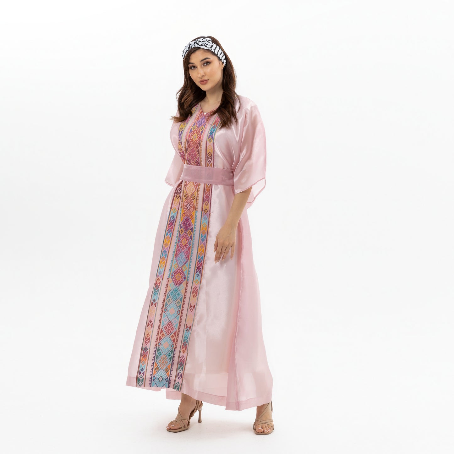 Glossy Pink Kaftan with Tatreez