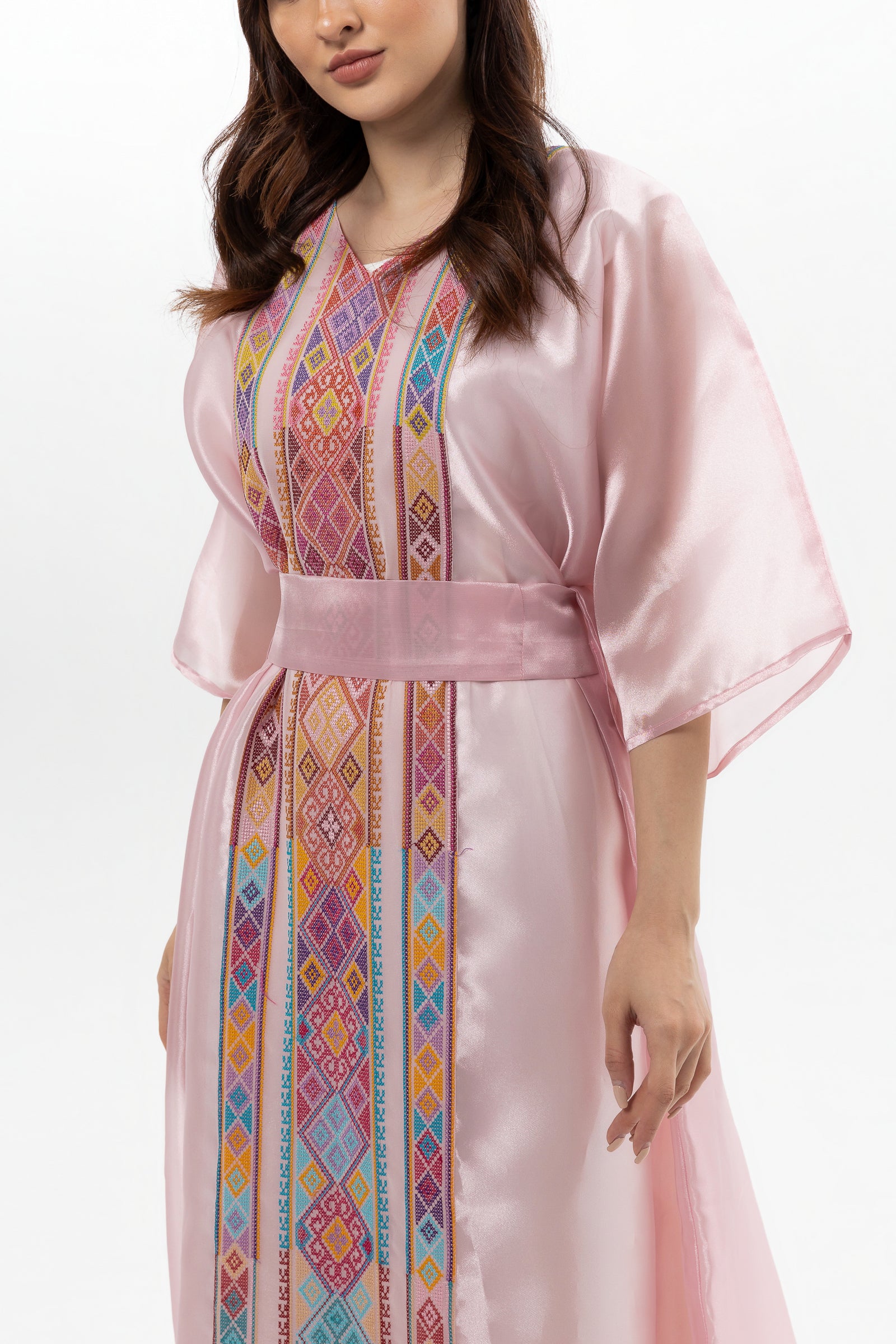 Glossy Pink Kaftan with Tatreez