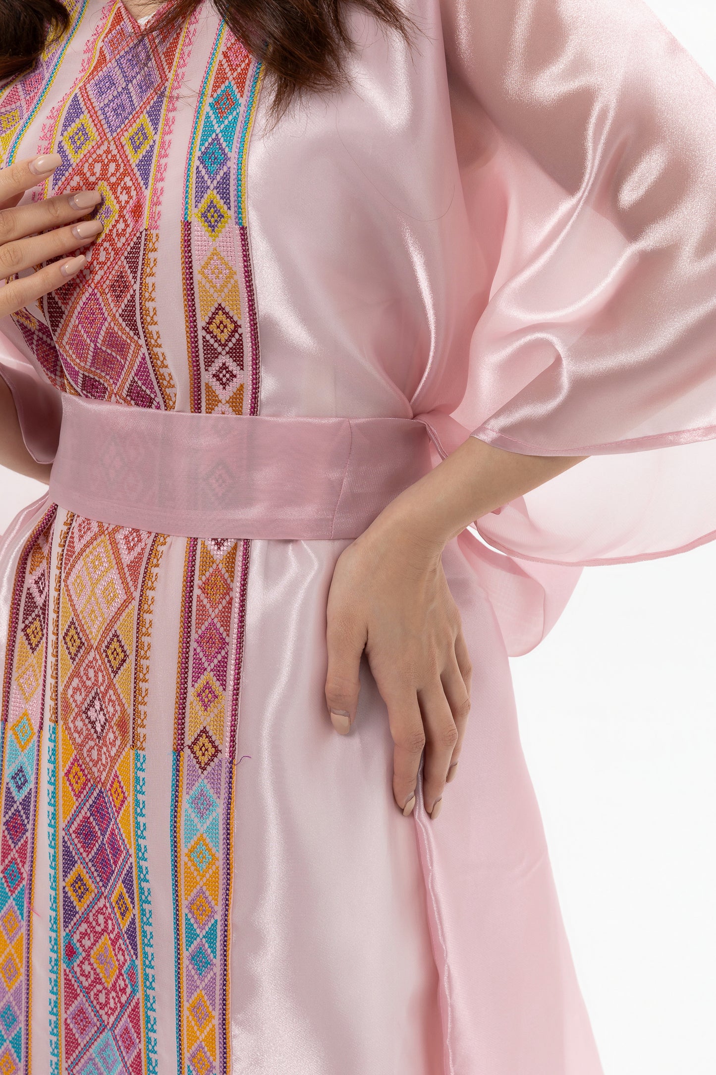 Glossy Pink Kaftan with Tatreez