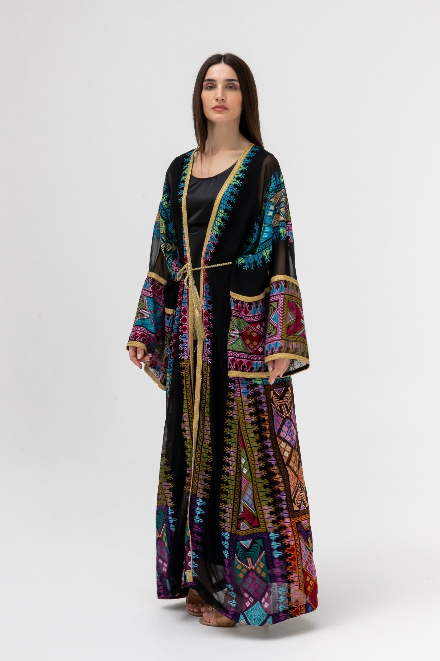 Black Sheer Abaya with colorful Embroidery
