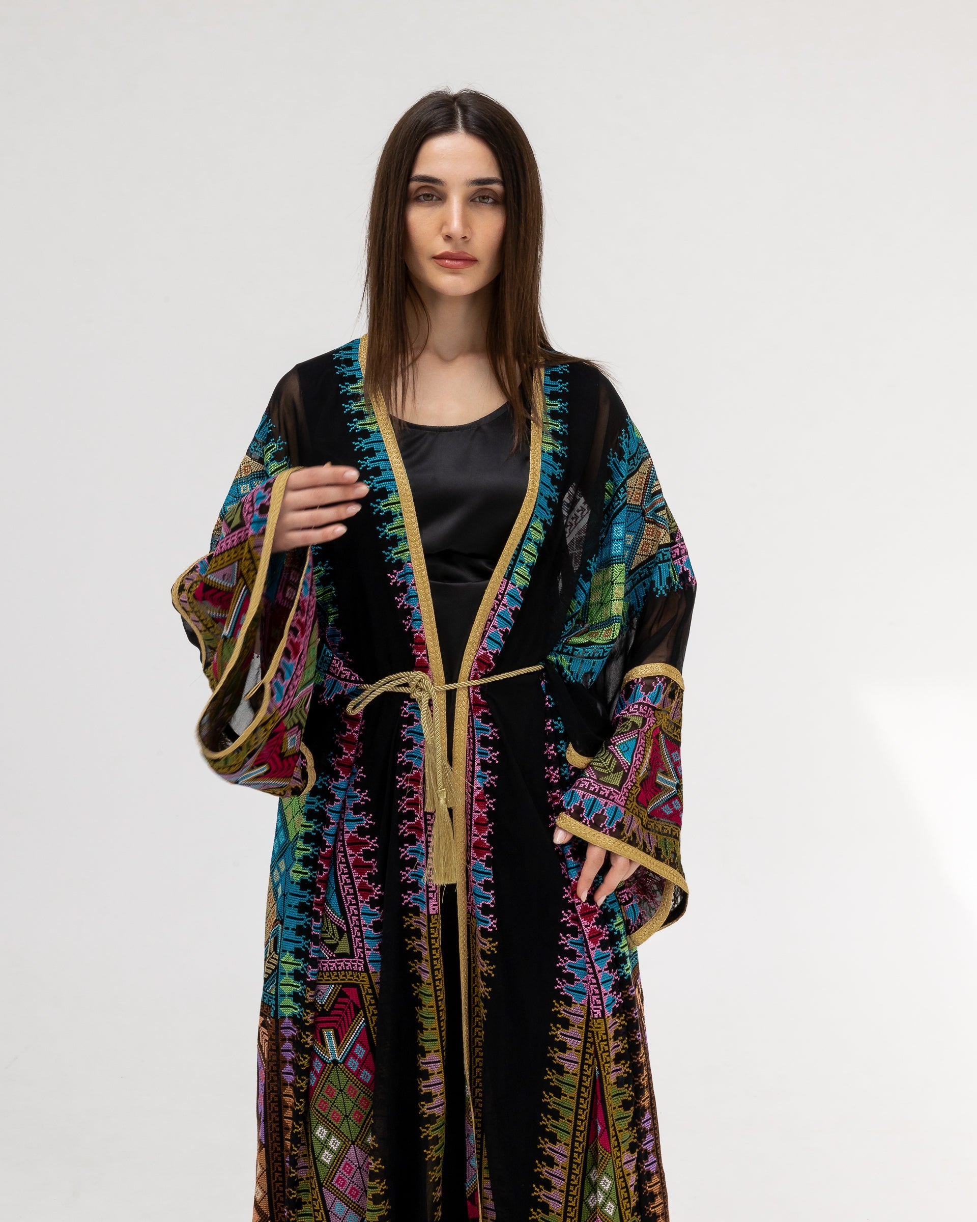 Black Sheer Abaya with colorful Embroidery