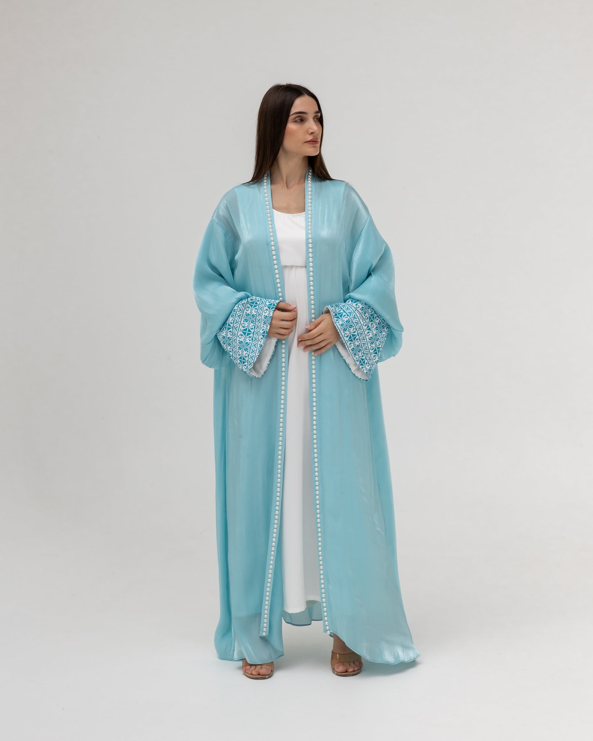 Sky Blue Abaya with Pearls and Embroidery