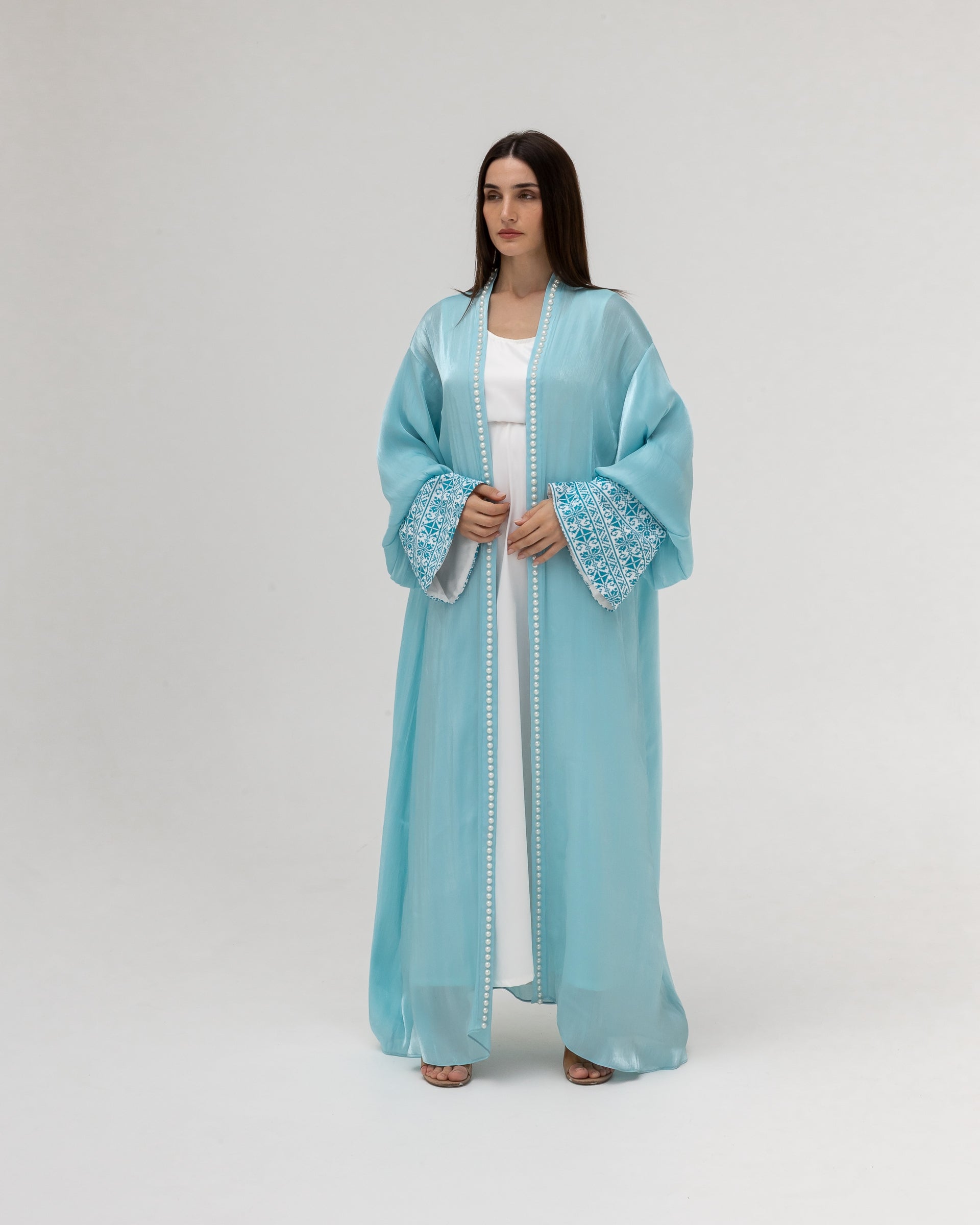 Sky Blue Abaya with Pearls and Embroidery
