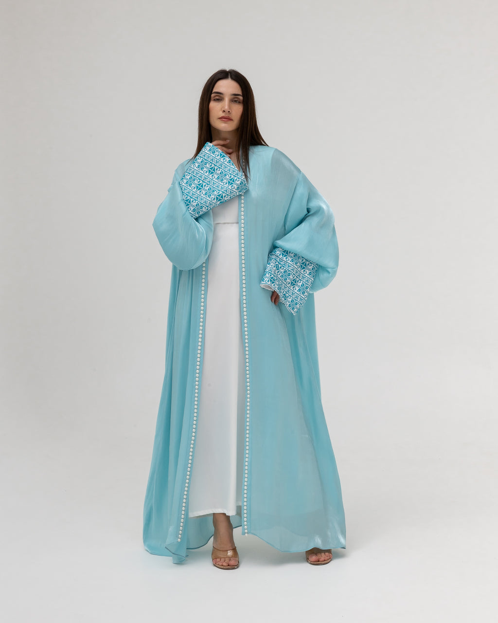 Sky Blue Abaya with Pearls and Embroidery
