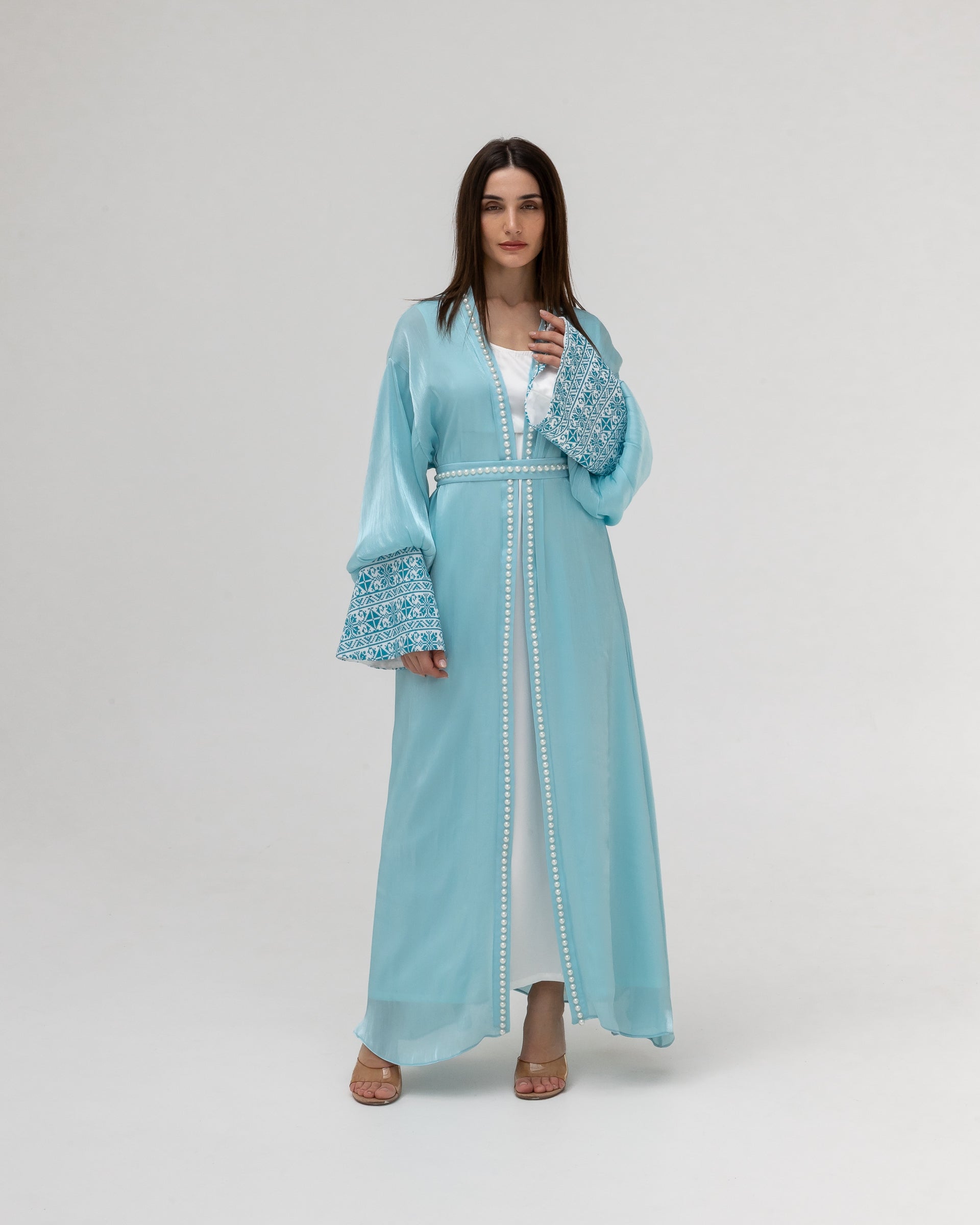 Sky Blue Abaya with Pearls and Embroidery
