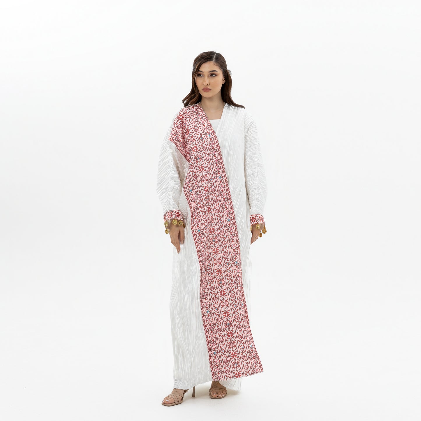 Pleated White Abaya with Tatreez