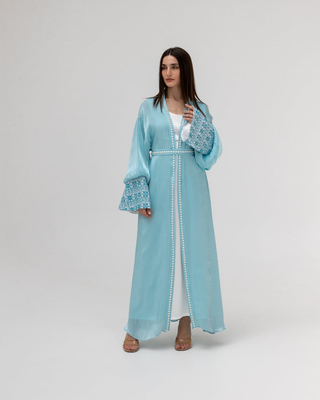 Sky Blue Abaya with Pearls and Embroidery