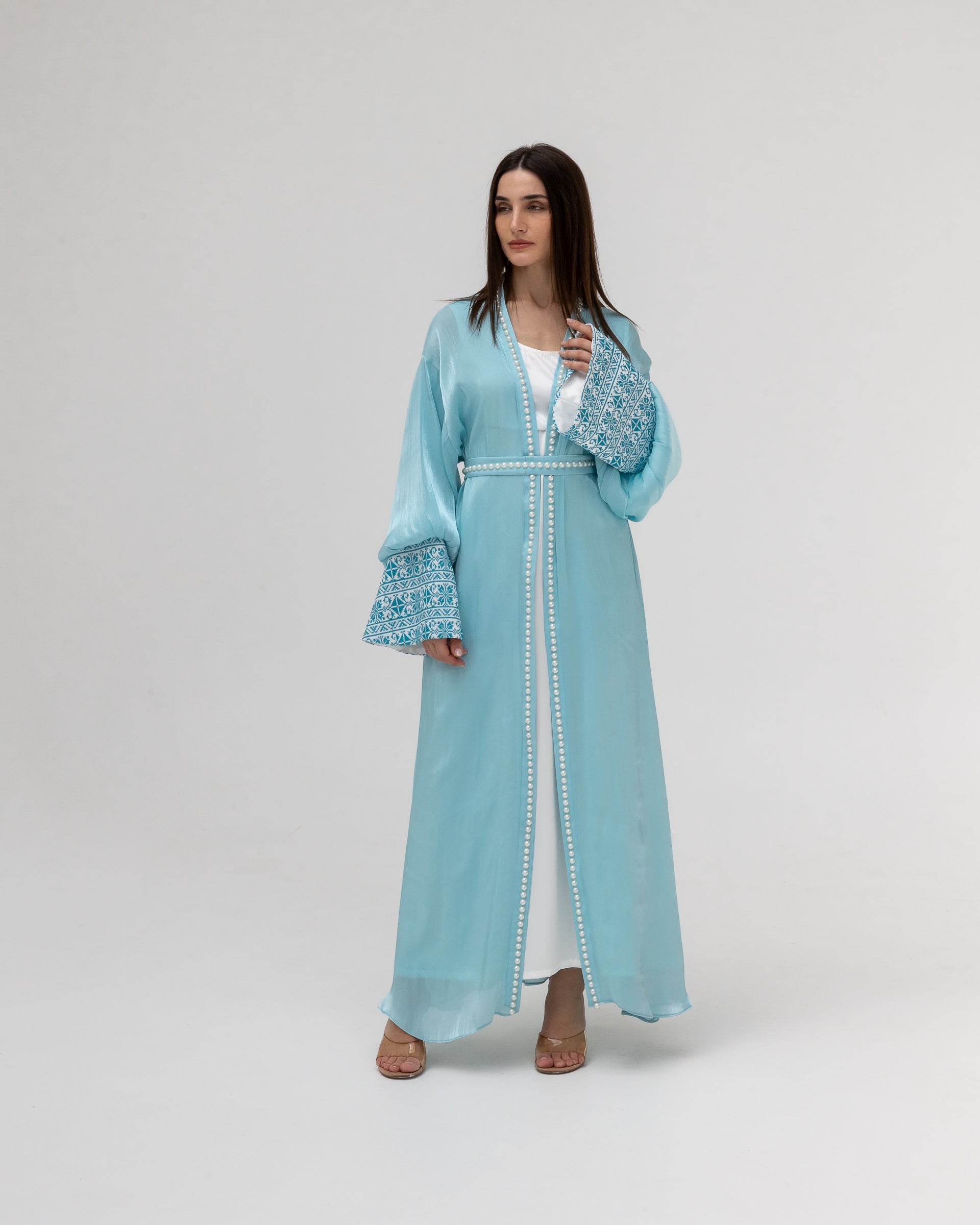 Sky Blue Abaya with Pearls and Embroidery