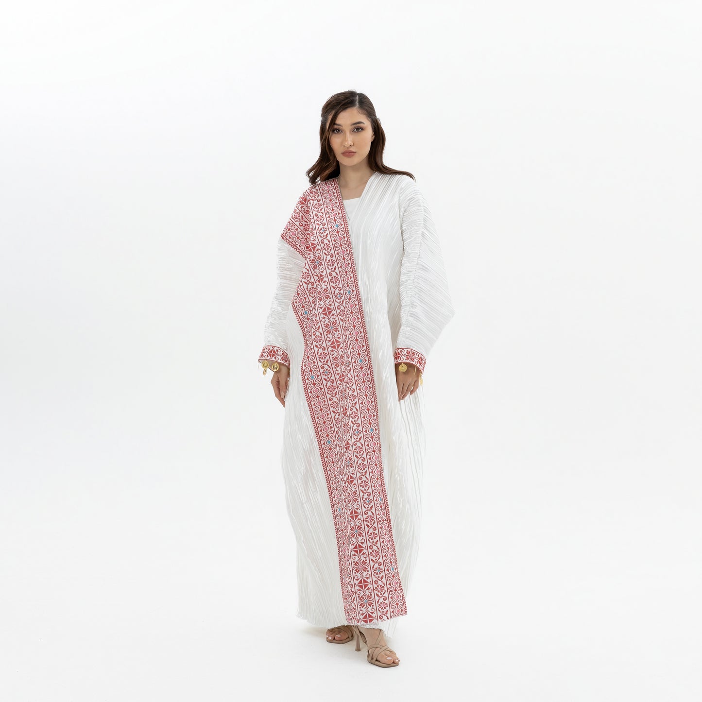 Pleated White Abaya with Tatreez