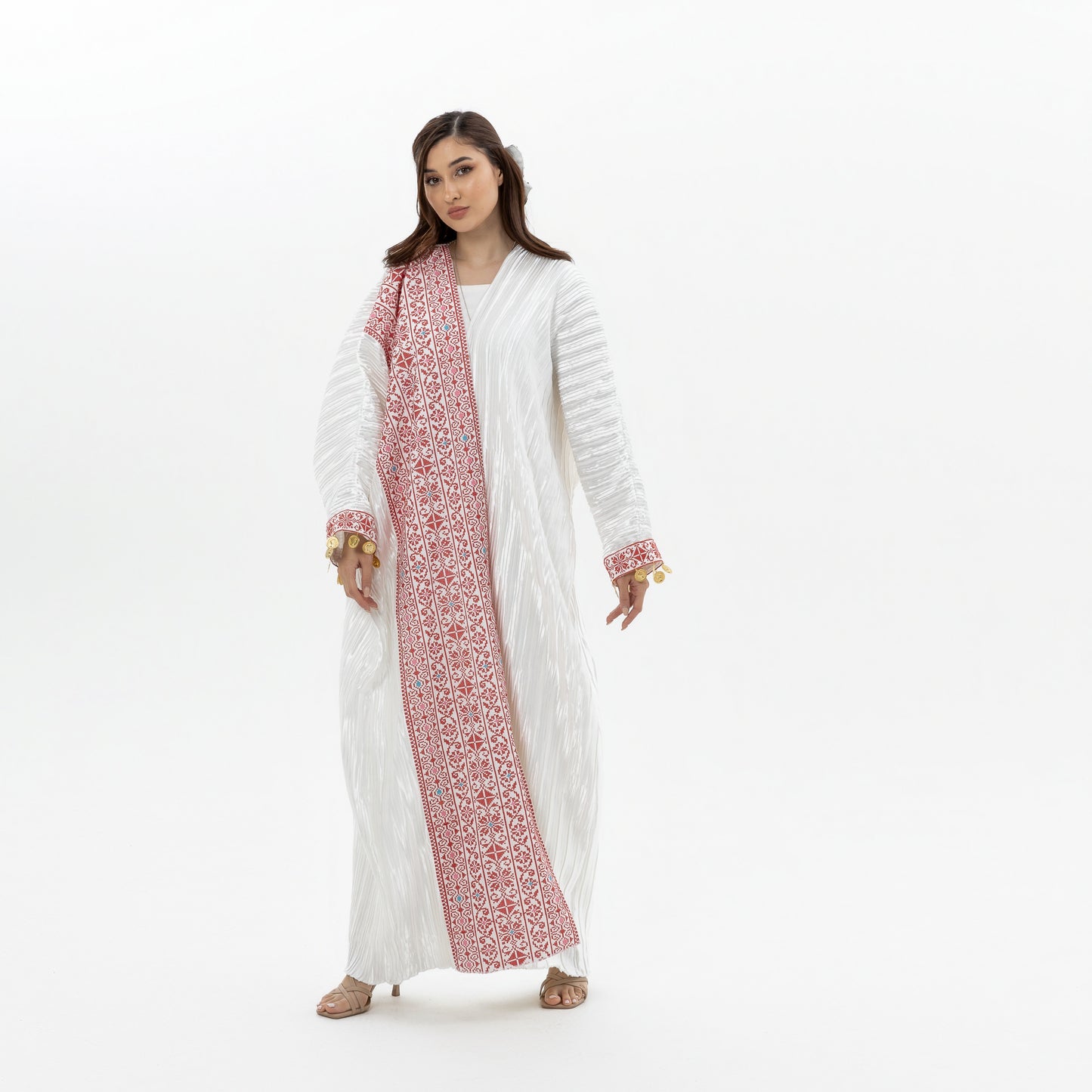 Pleated White Abaya with Tatreez