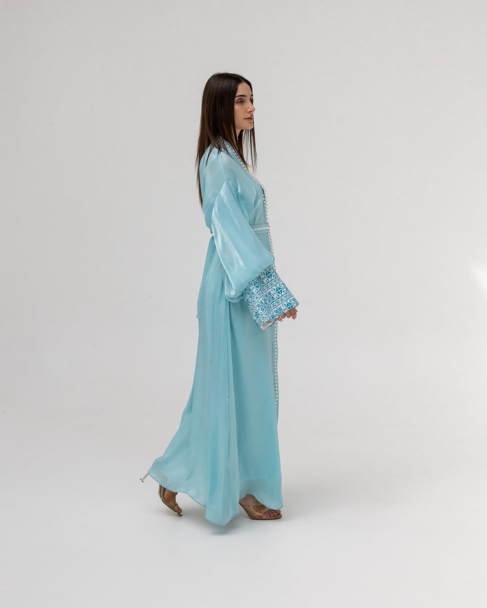 Sky Blue Abaya with Pearls and Embroidery