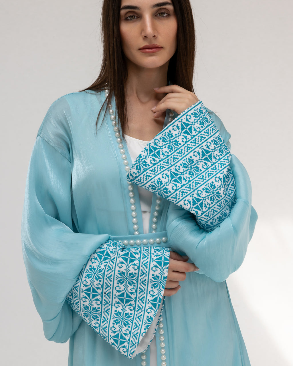 Sky Blue Abaya with Pearls and Embroidery