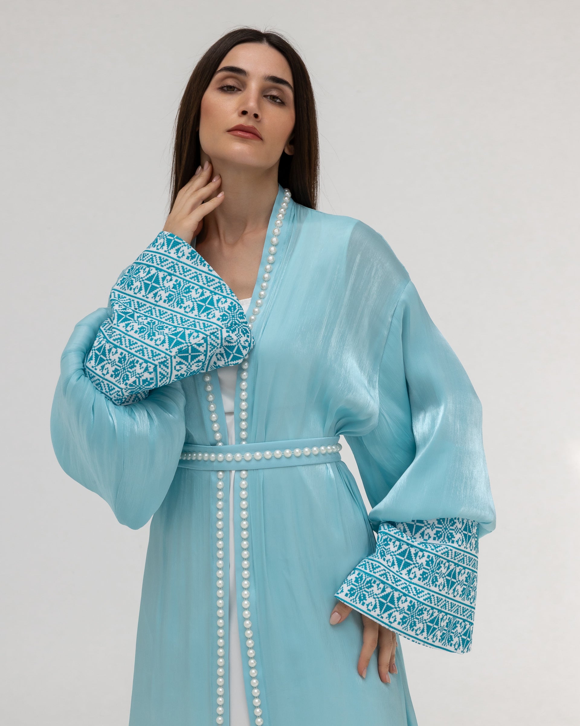 Sky Blue Abaya with Pearls and Embroidery