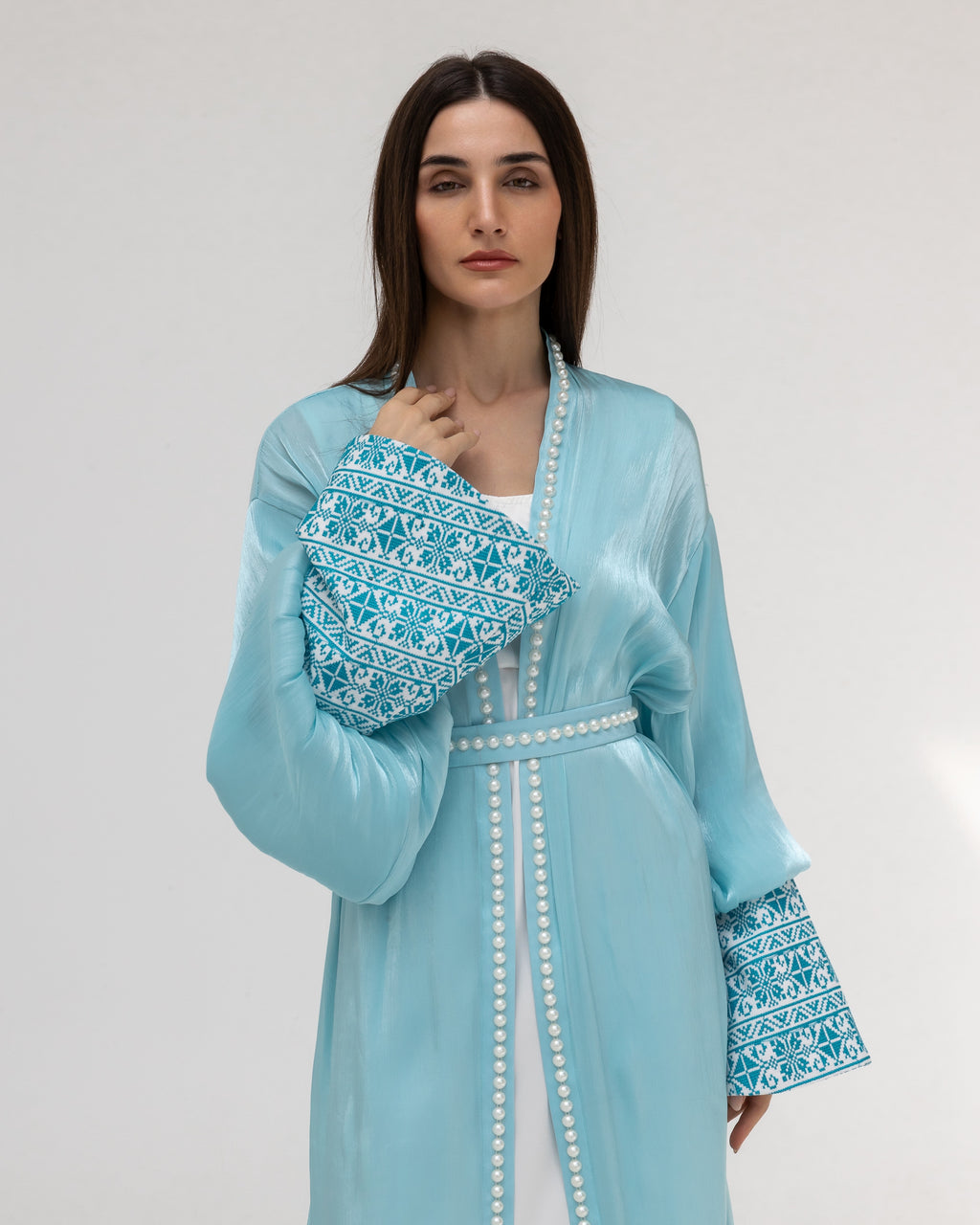 Sky Blue Abaya with Pearls and Embroidery