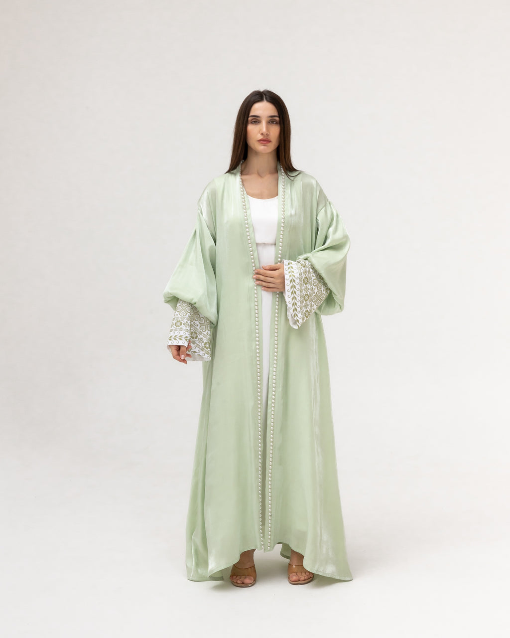 Pastel Green Abaya with Pearls and Embroidery