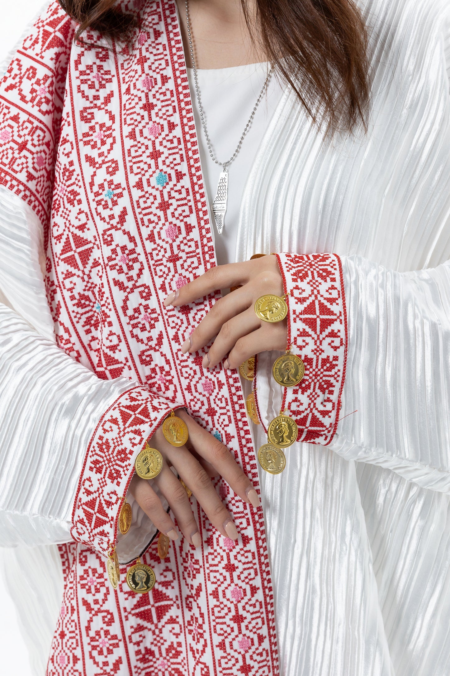 Pleated White Abaya with Tatreez