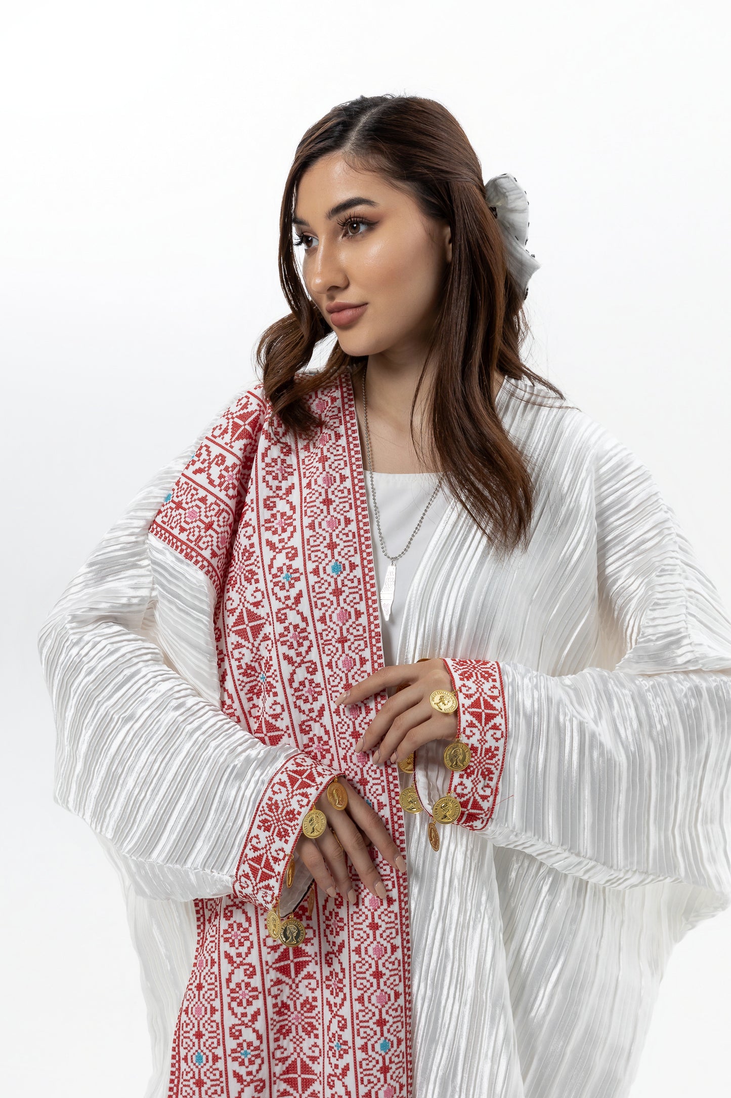 Pleated White Abaya with Tatreez