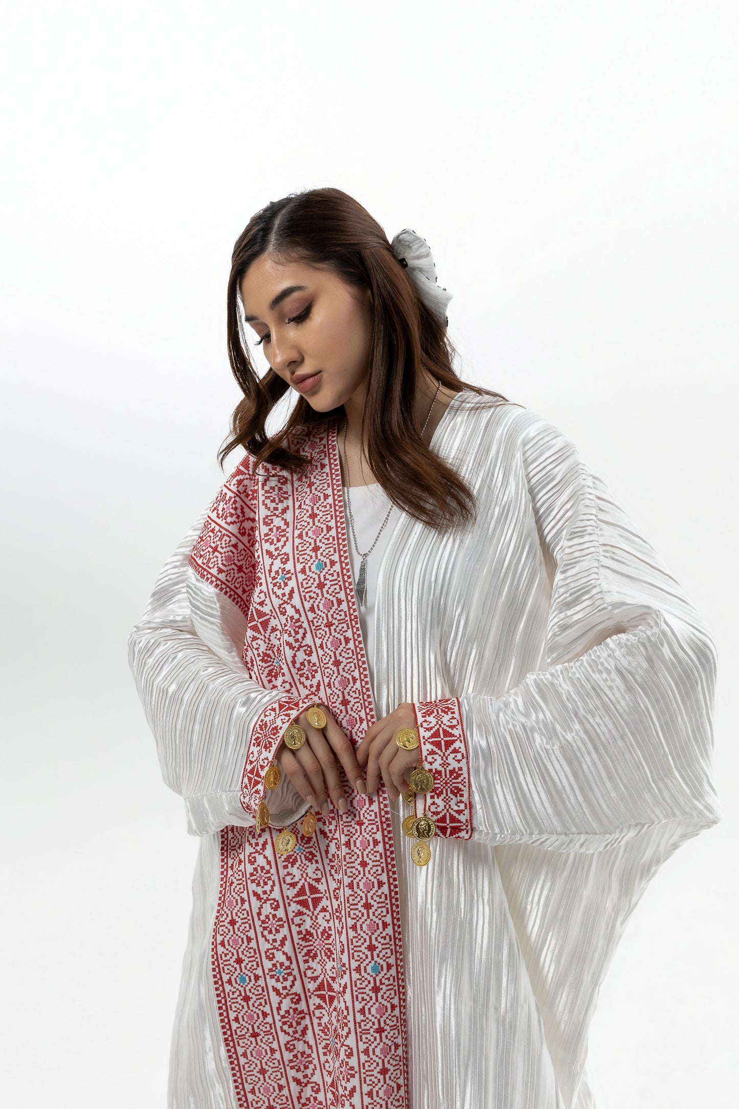 Pleated White Abaya with Tatreez