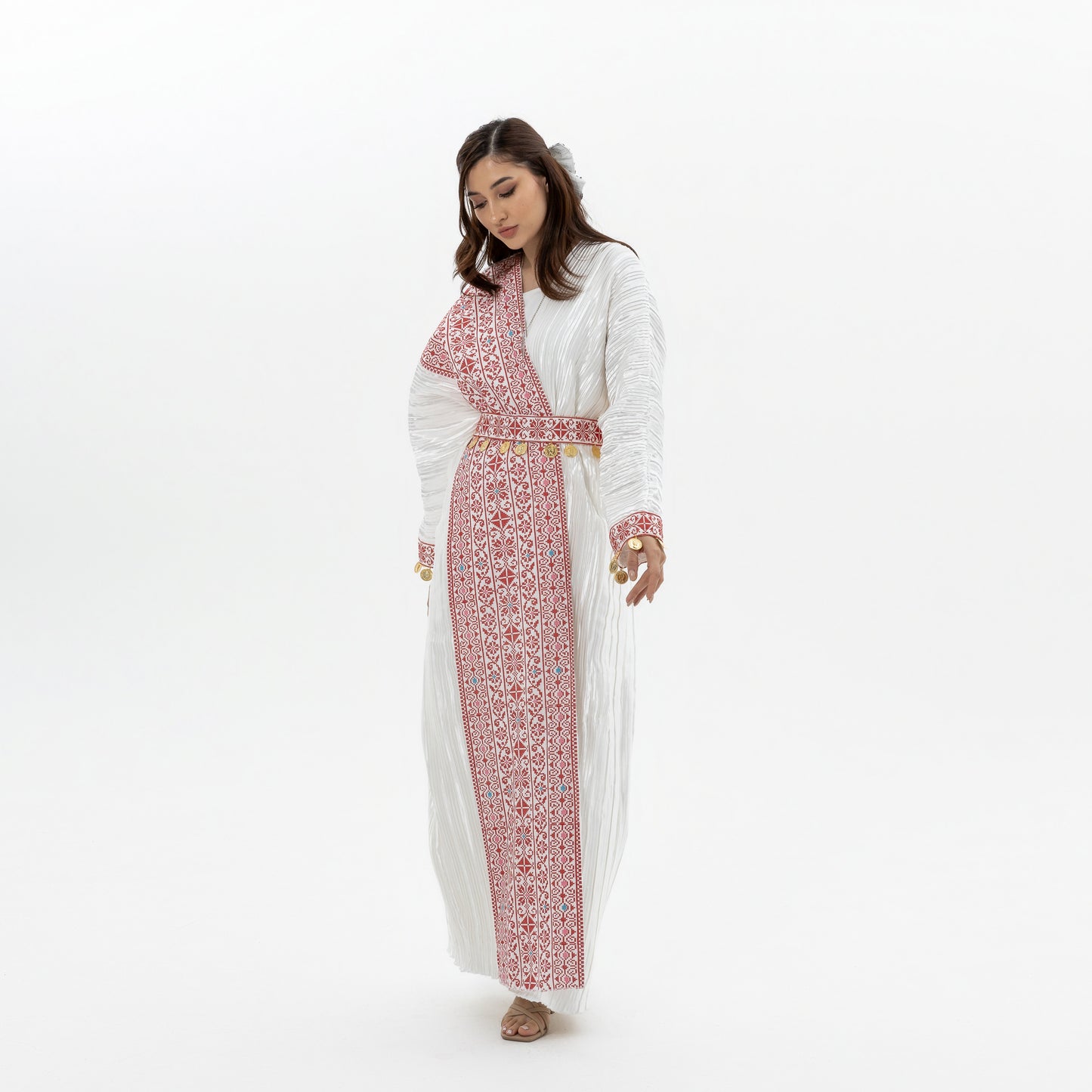 Pleated White Abaya with Tatreez