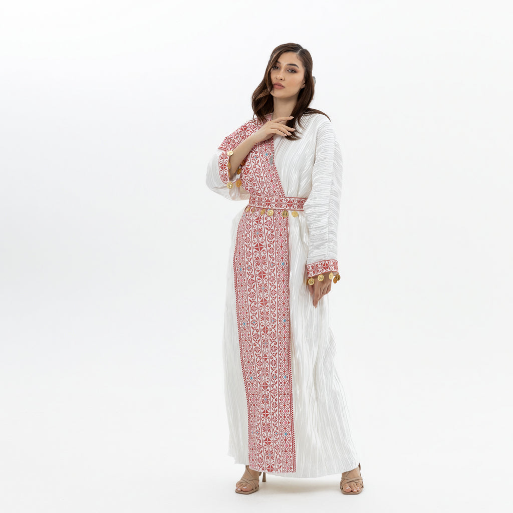 Pleated White Abaya with Tatreez