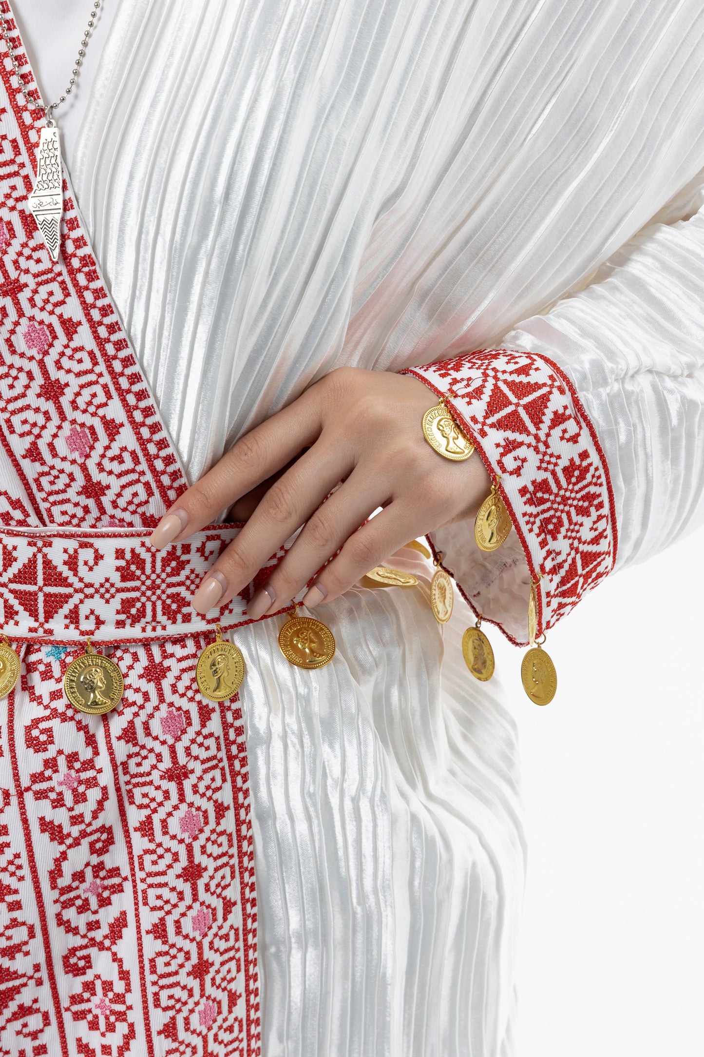 Pleated White Abaya with Tatreez