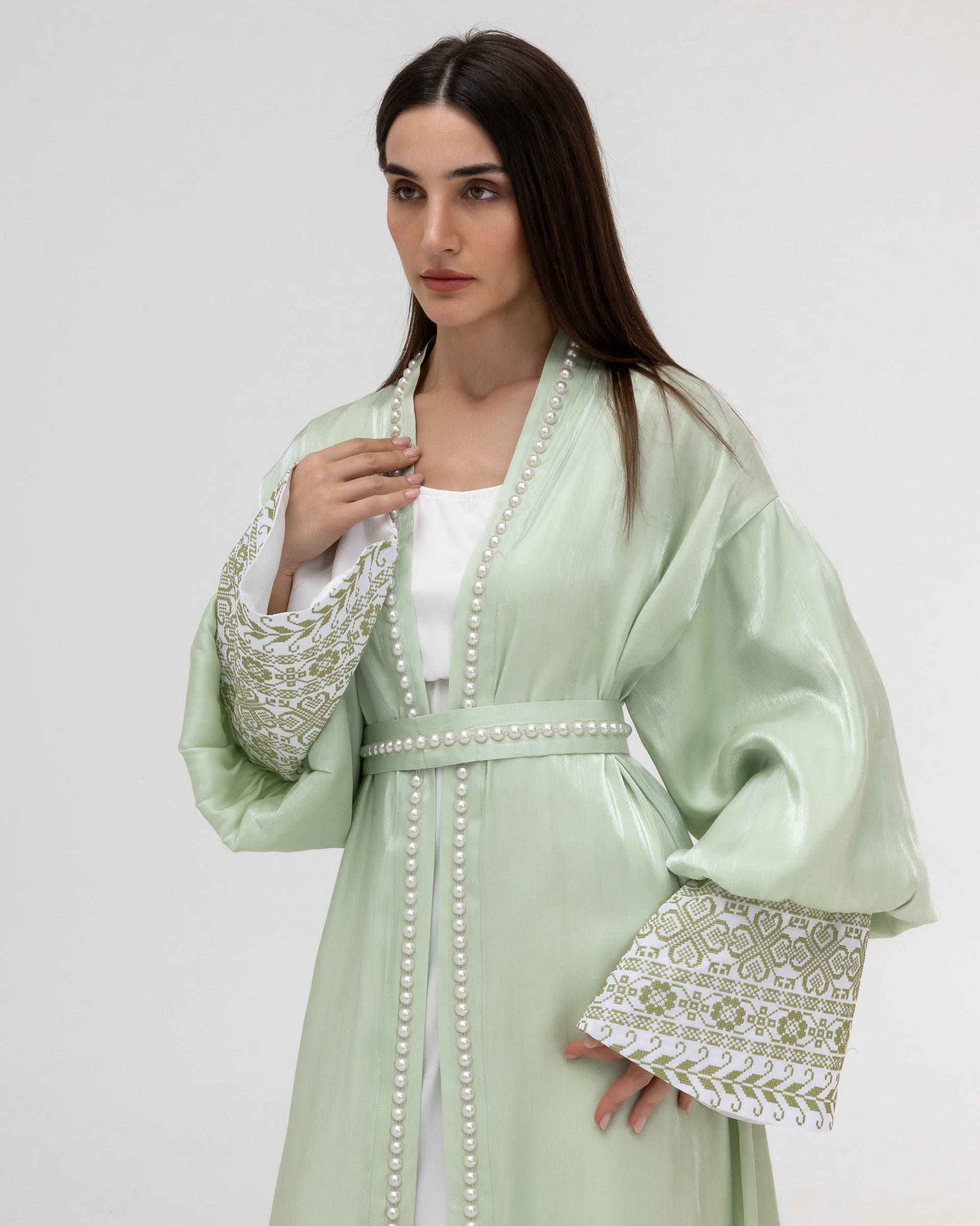 Pastel Green Abaya with Pearls and Embroidery