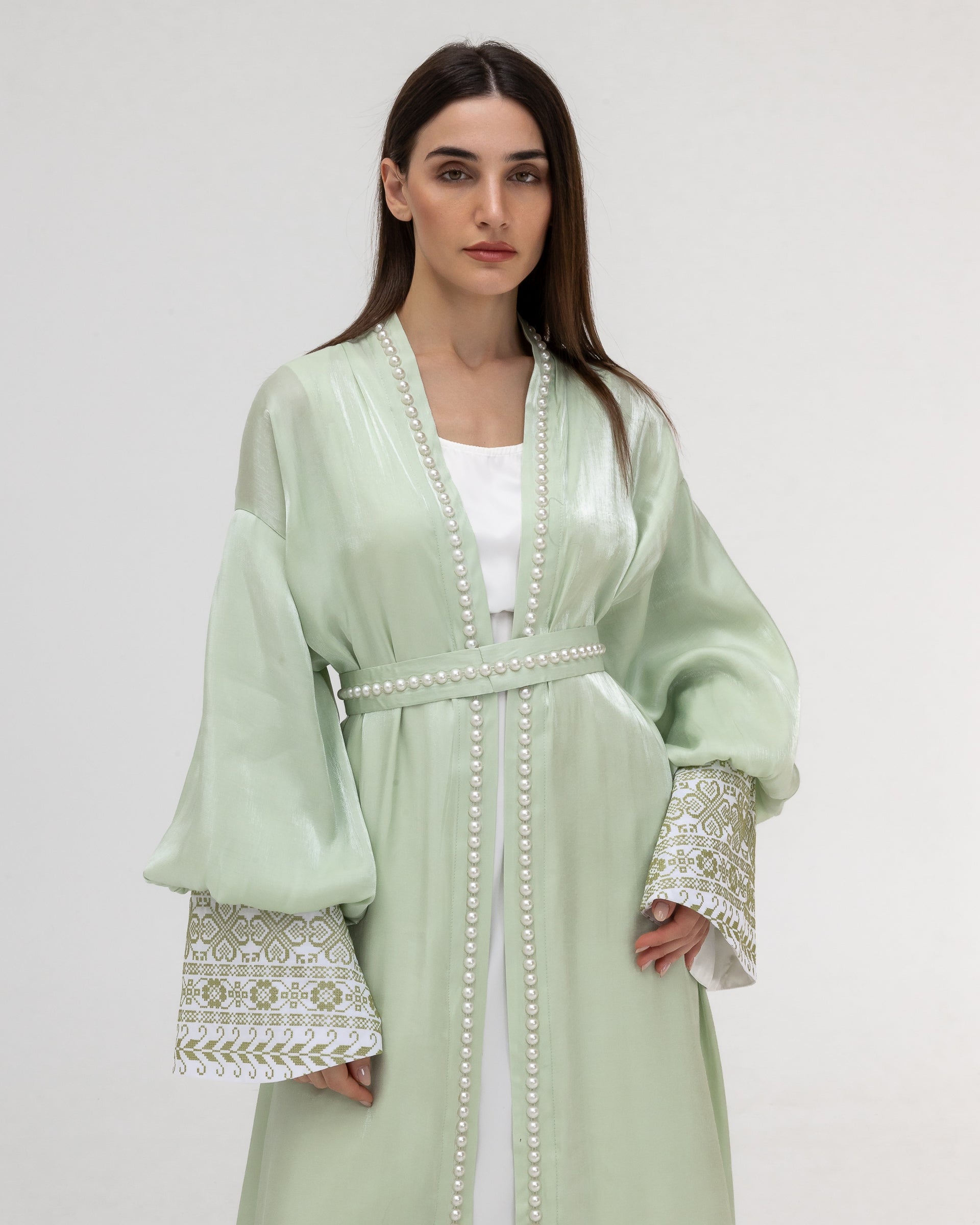 Pastel Green Abaya with Pearls and Embroidery