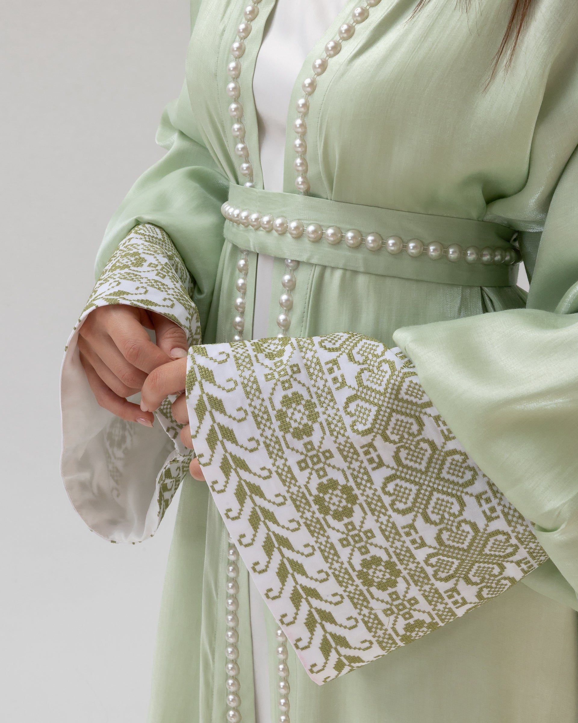 Pastel Green Abaya with Pearls and Embroidery