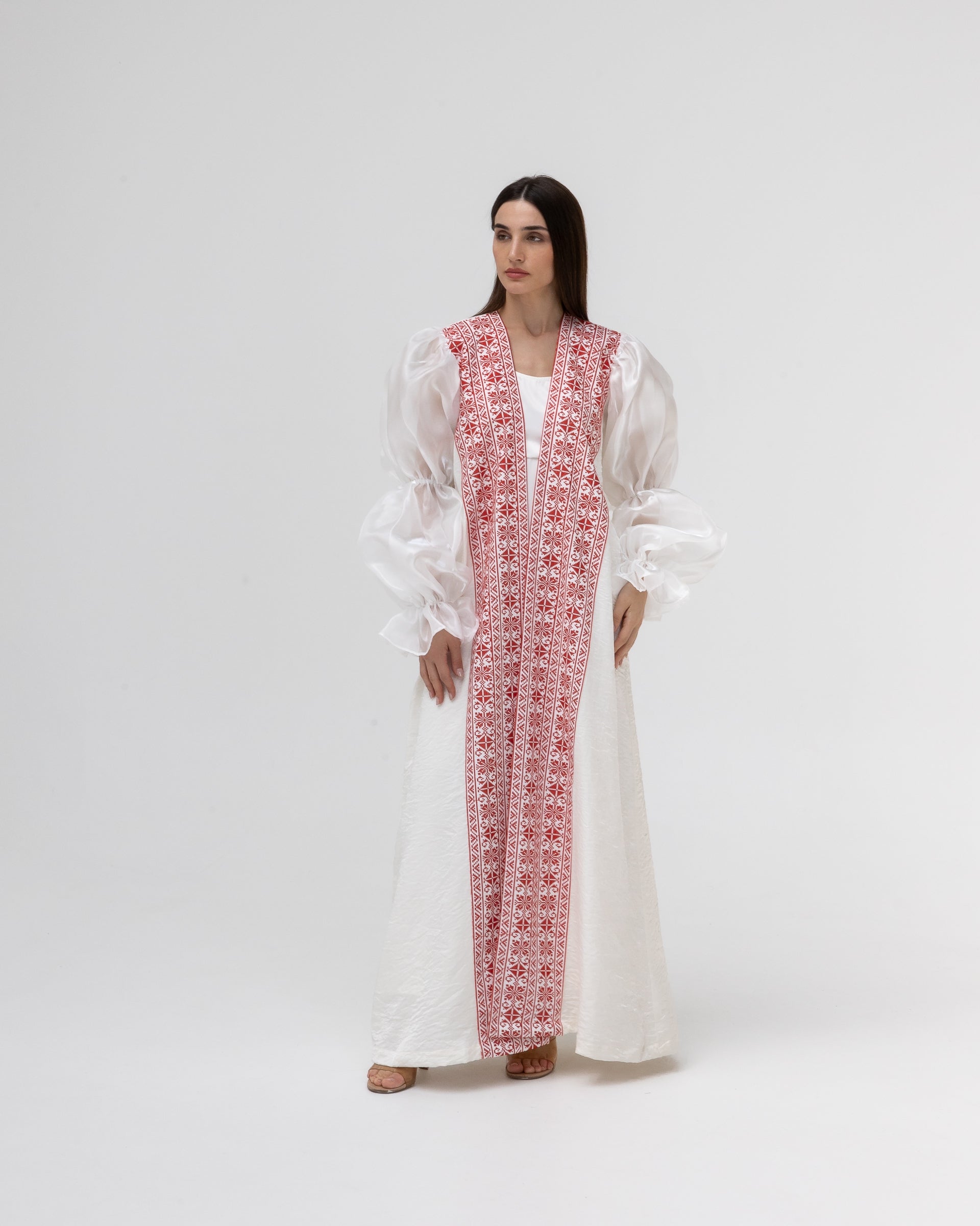 Embroidered White & Red Abaya with Puff Sleeves