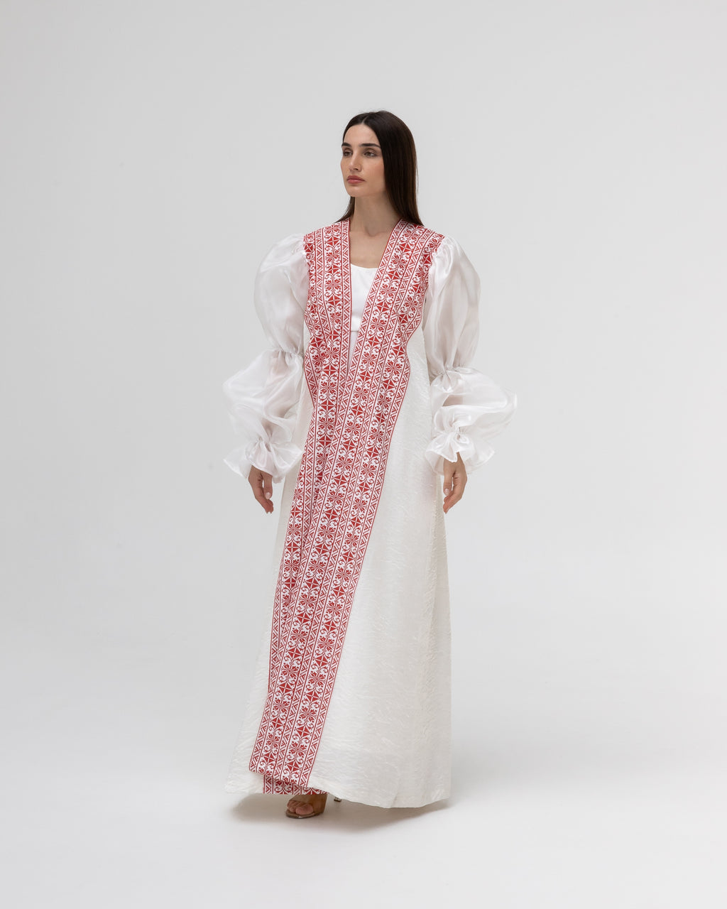 Embroidered White & Red Abaya with Puff Sleeves