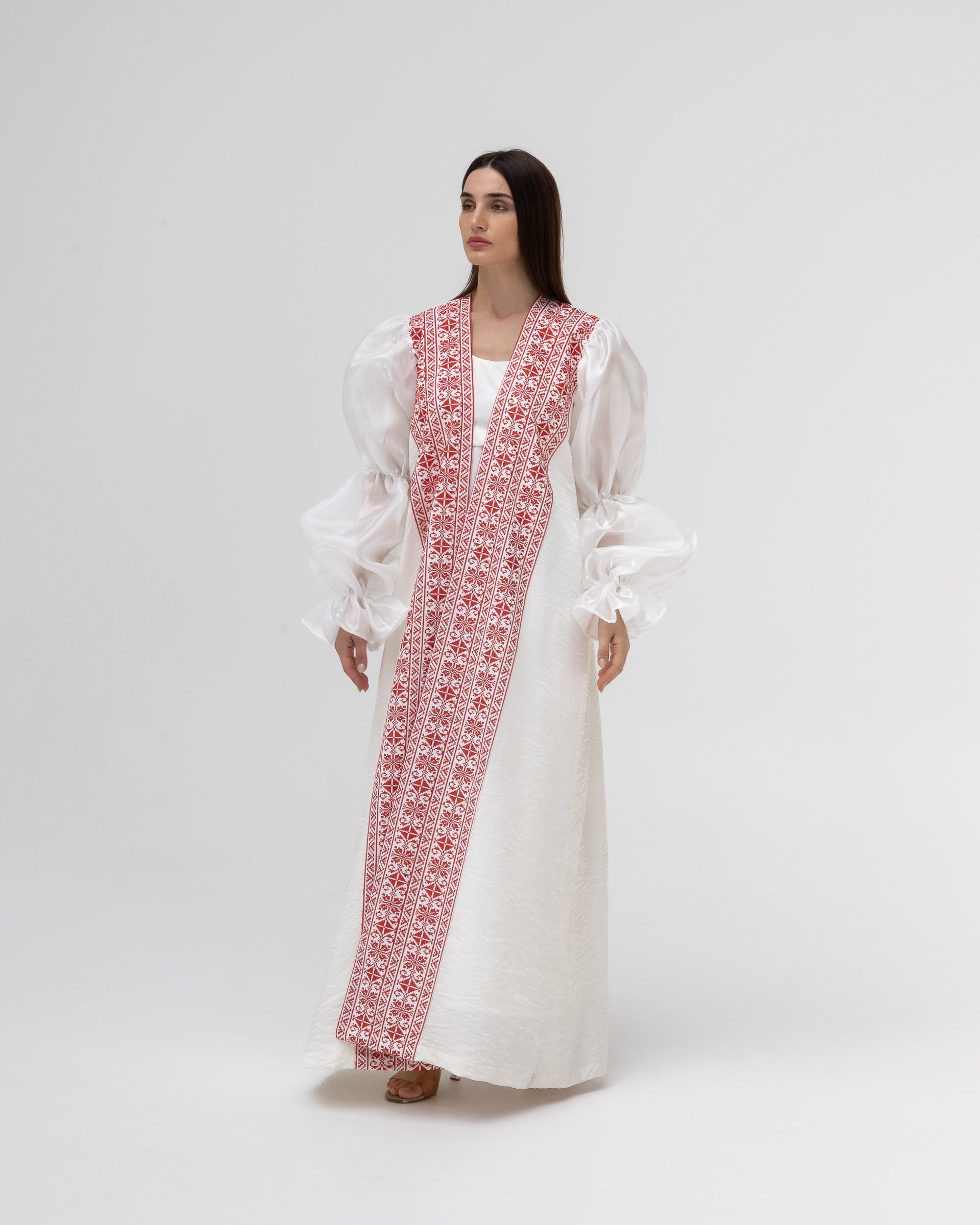 Embroidered White & Red Abaya with Puff Sleeves