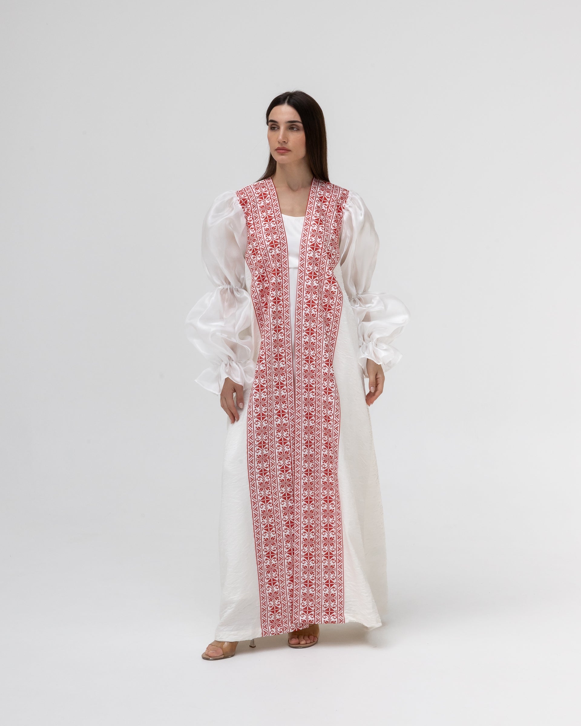 Embroidered White & Red Abaya with Puff Sleeves