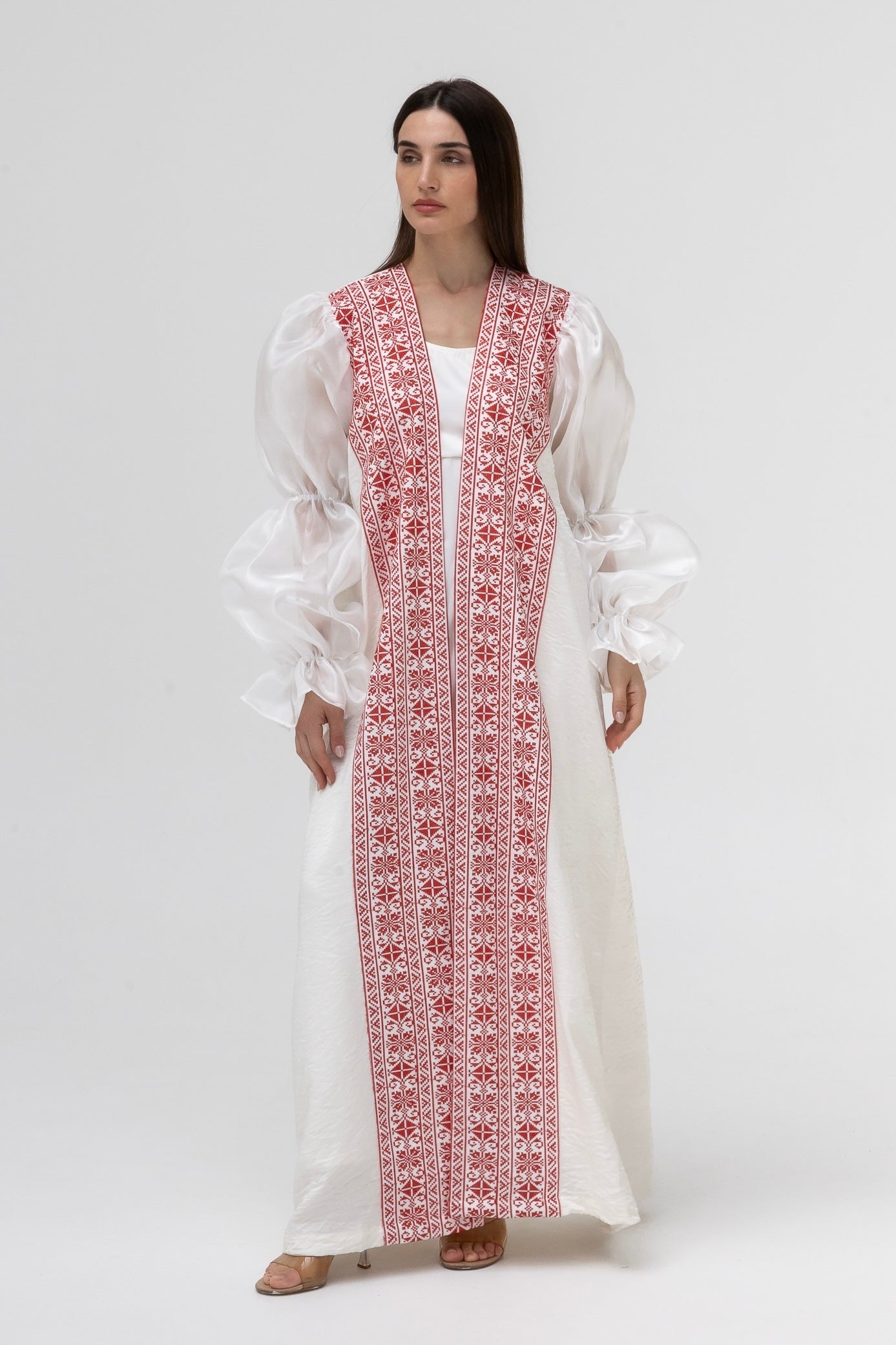 Embroidered White & Red Abaya with Puff Sleeves