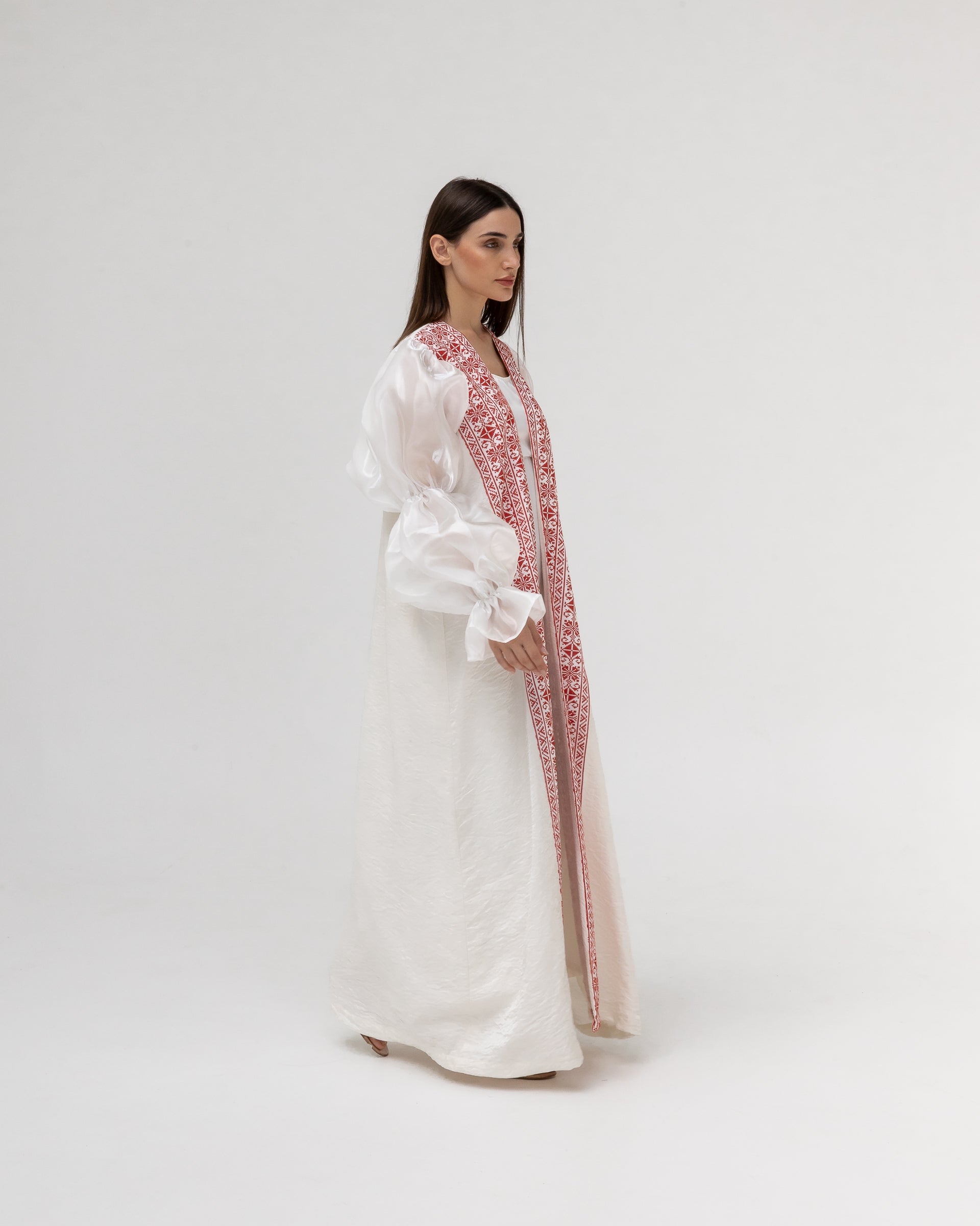 Embroidered White & Red Abaya with Puff Sleeves