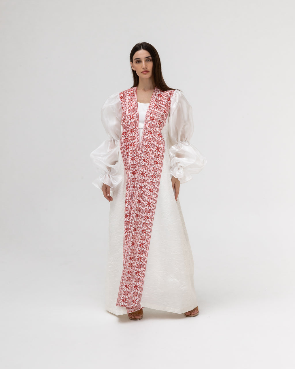 Embroidered White & Red Abaya with Puff Sleeves