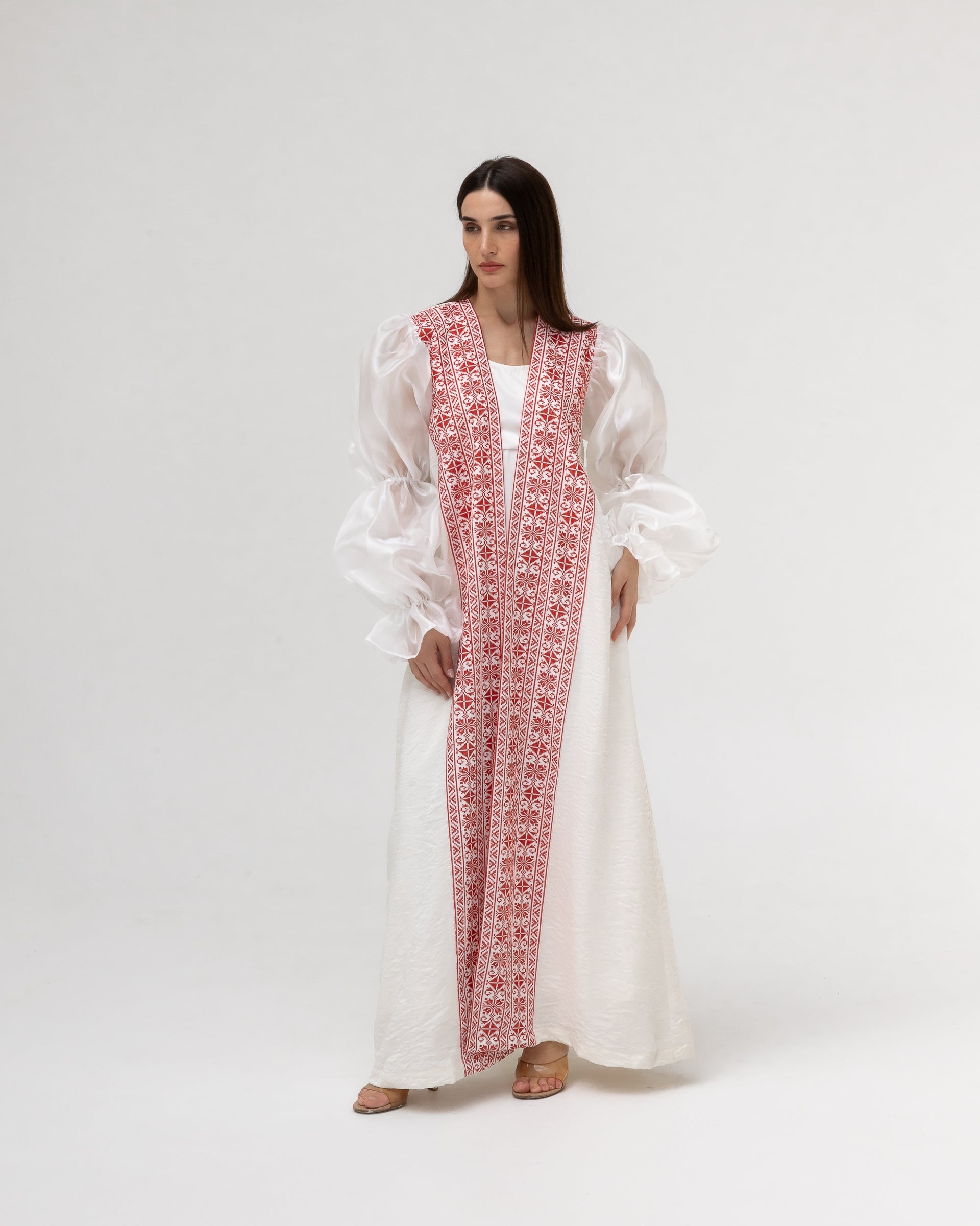 Embroidered White & Red Abaya with Puff Sleeves