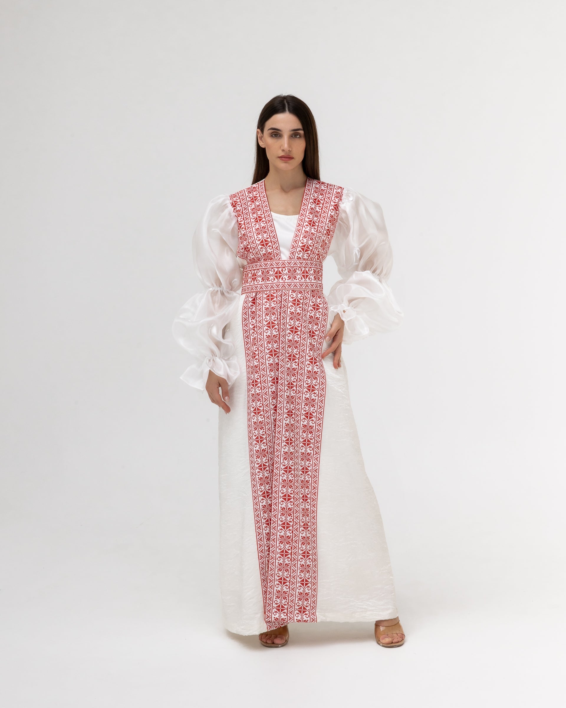 Embroidered White & Red Abaya with Puff Sleeves