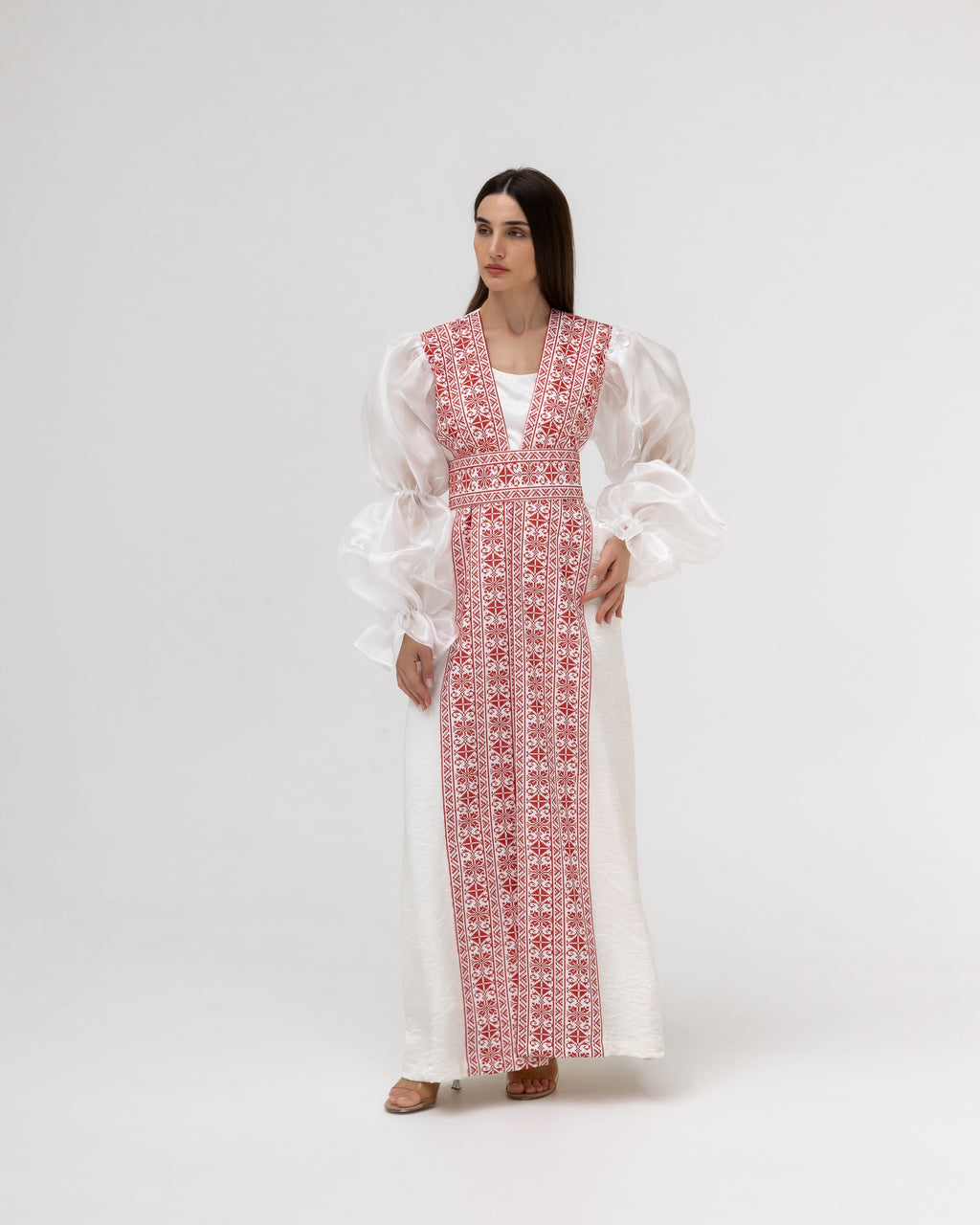 Embroidered White & Red Abaya with Puff Sleeves